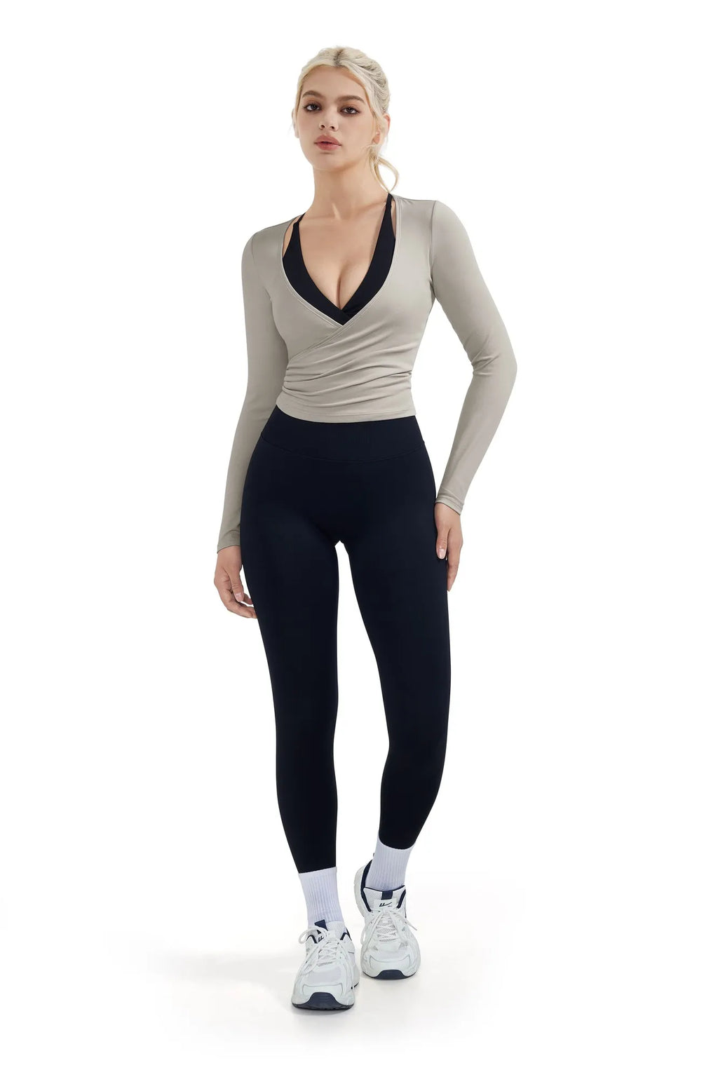 Ribbed Wrap Front Tie V Neck Shirt - Long Sleeve