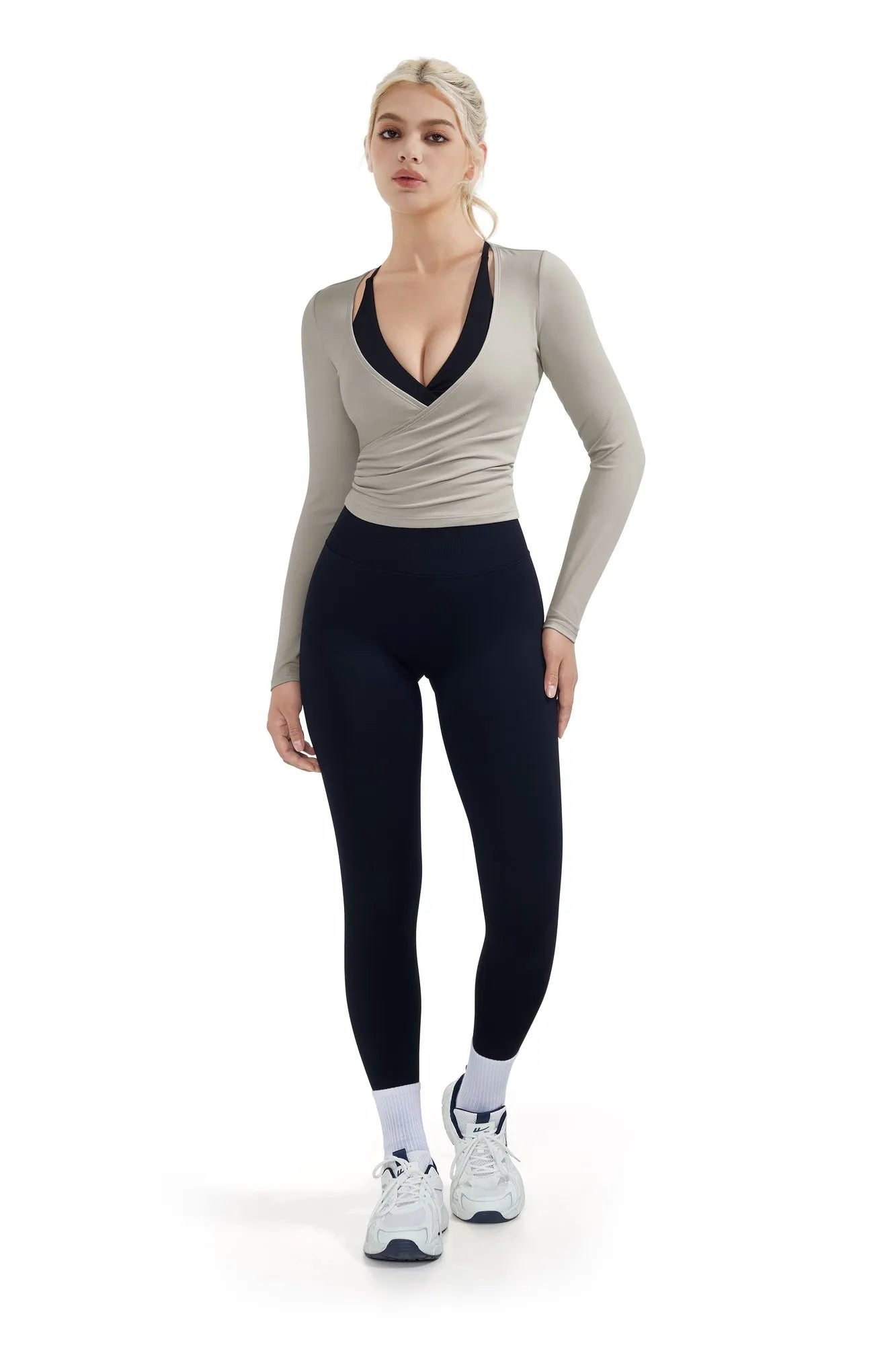 Ribbed Wrap Front Tie V Neck Shirt - Long Sleeve