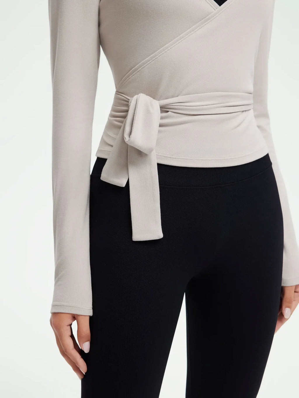 Ribbed Wrap Front Tie V Neck Shirt - Long Sleeve
