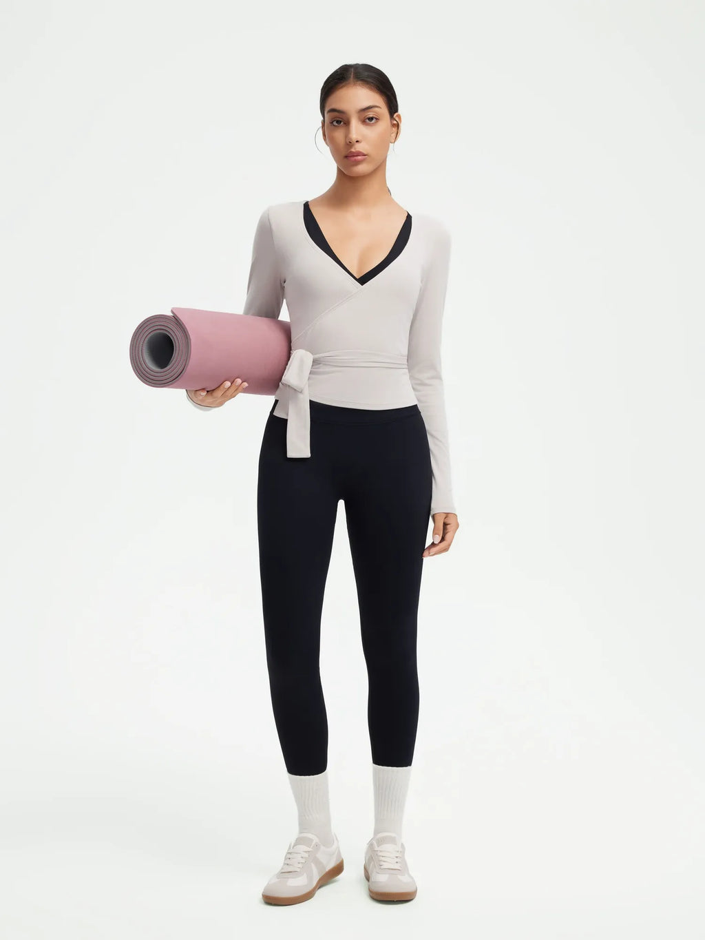 Ribbed Wrap Front Tie V Neck Shirt - Long Sleeve