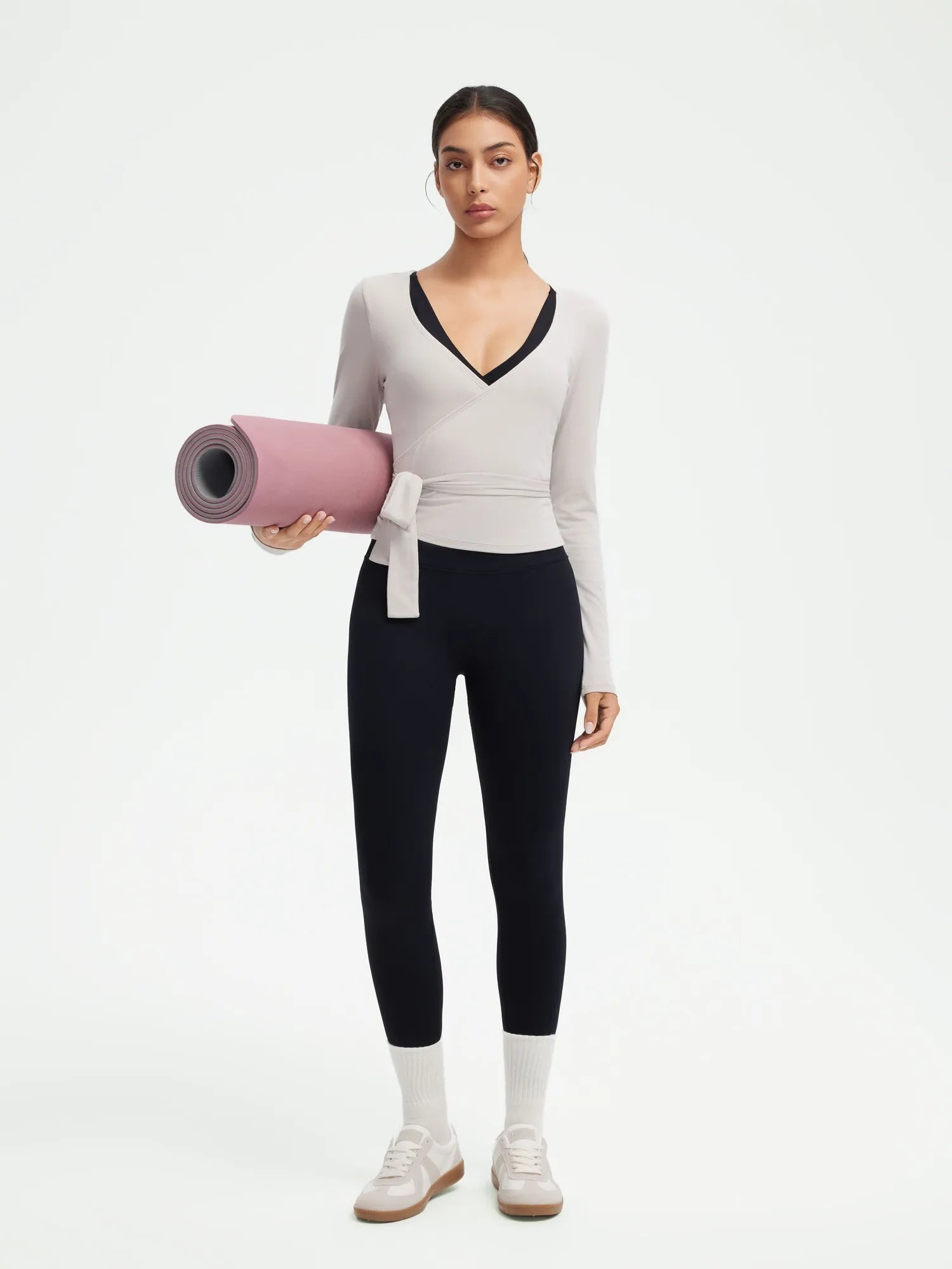 Ribbed Wrap Front Tie V Neck Shirt - Long Sleeve
