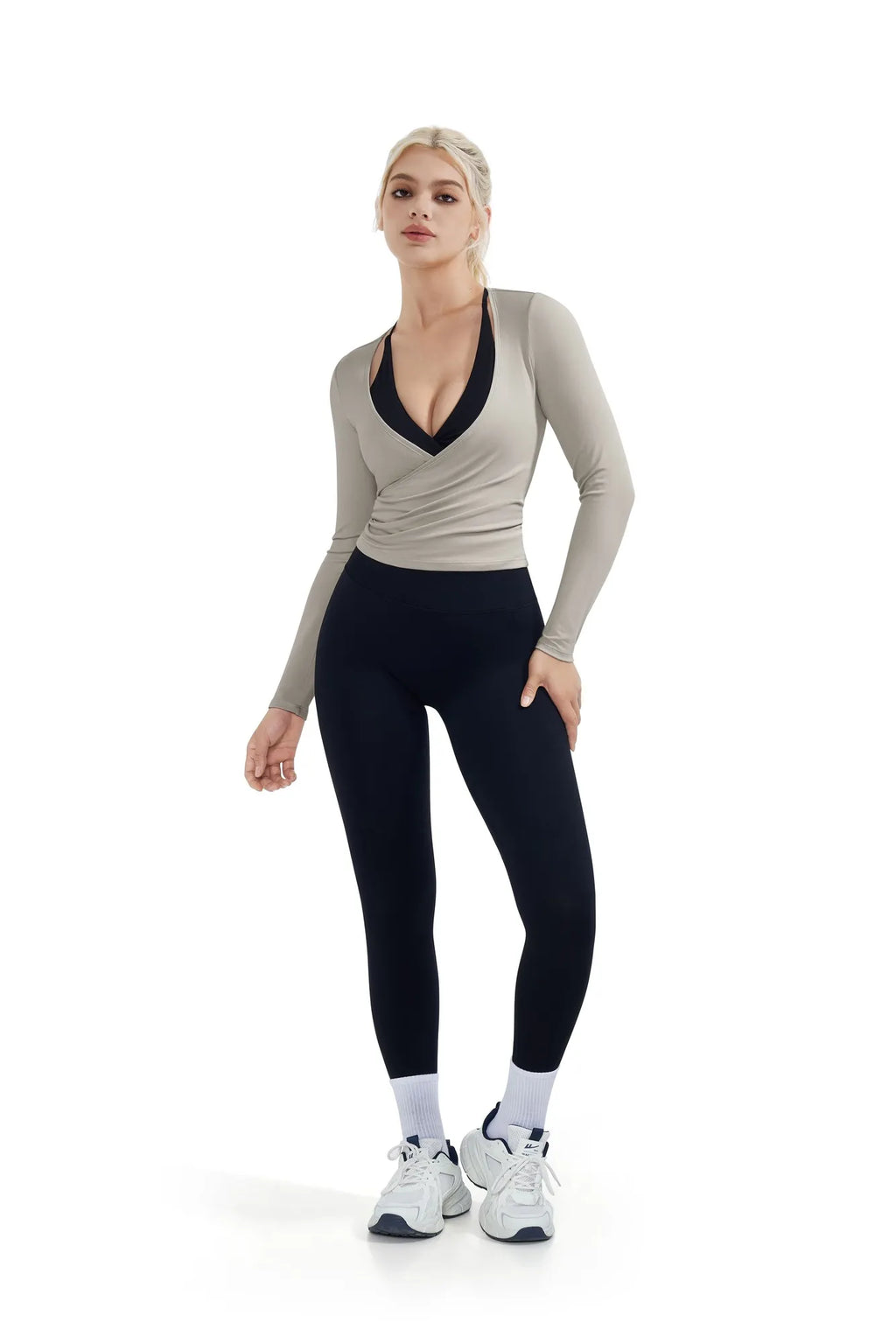Ribbed Wrap Front Tie V Neck Shirt - Long Sleeve