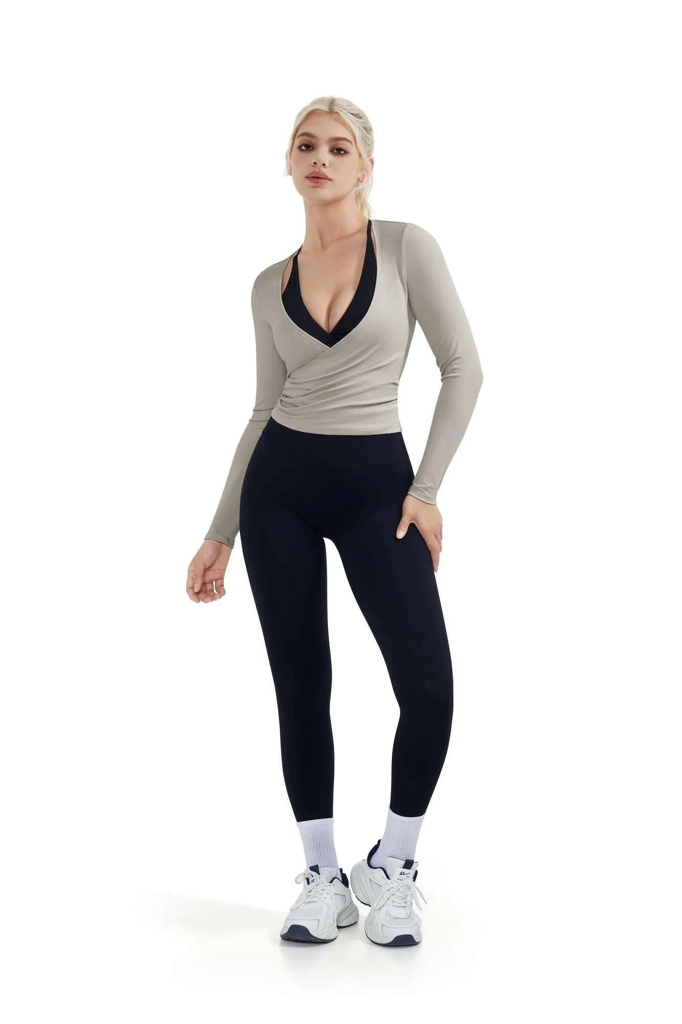 Ribbed Wrap Front Tie V Neck Shirt - Long Sleeve