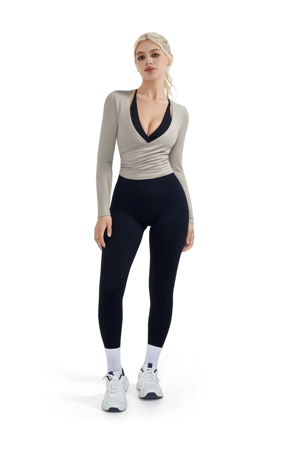 Ribbed Wrap Front Tie V Neck Shirt - Long Sleeve