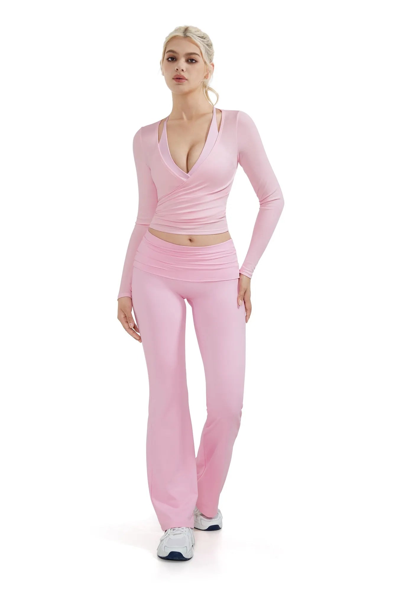 Ribbed Wrap Front Tie V Neck Shirt - Long Sleeve
