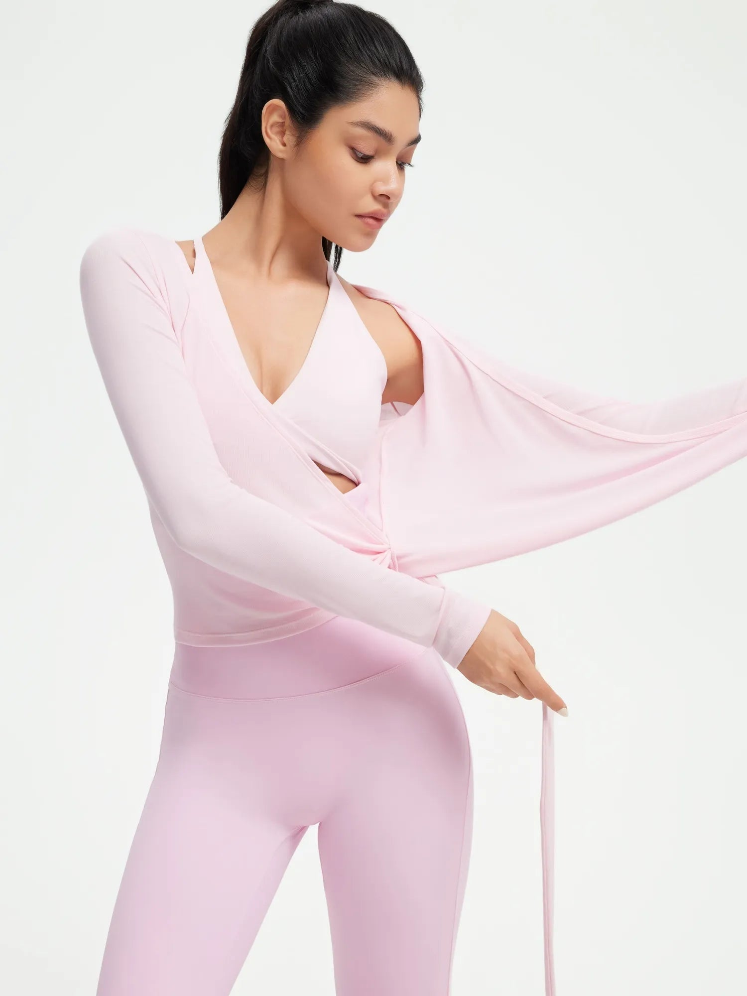 Ribbed Wrap Front Tie V Neck Shirt - Long Sleeve