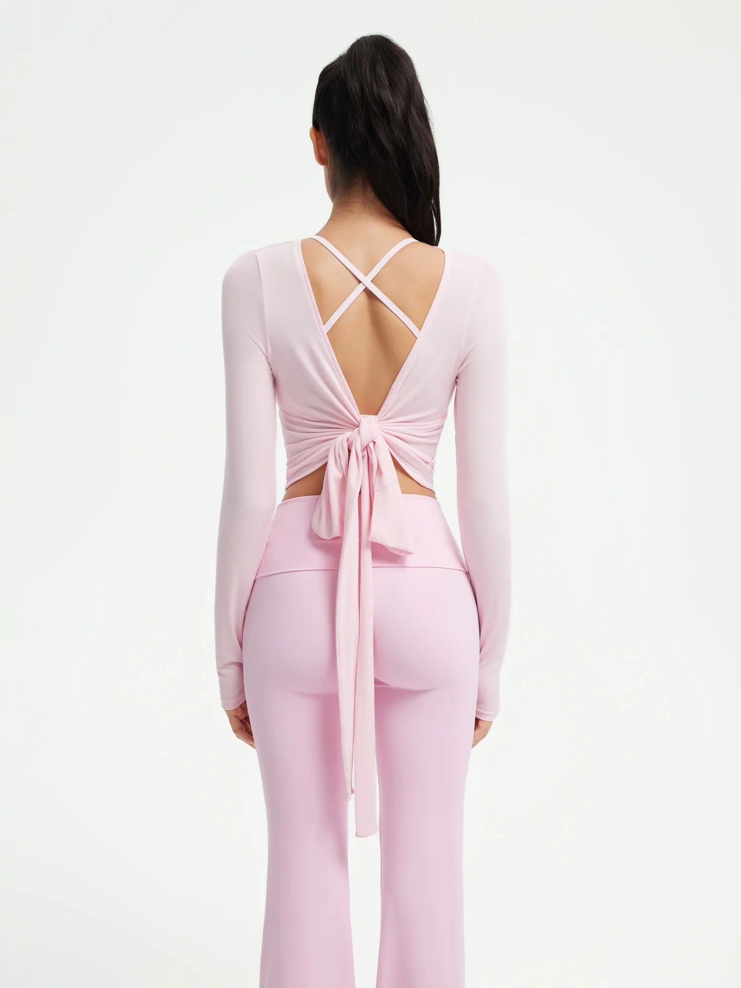 Ribbed Wrap Front Tie V Neck Shirt - Long Sleeve