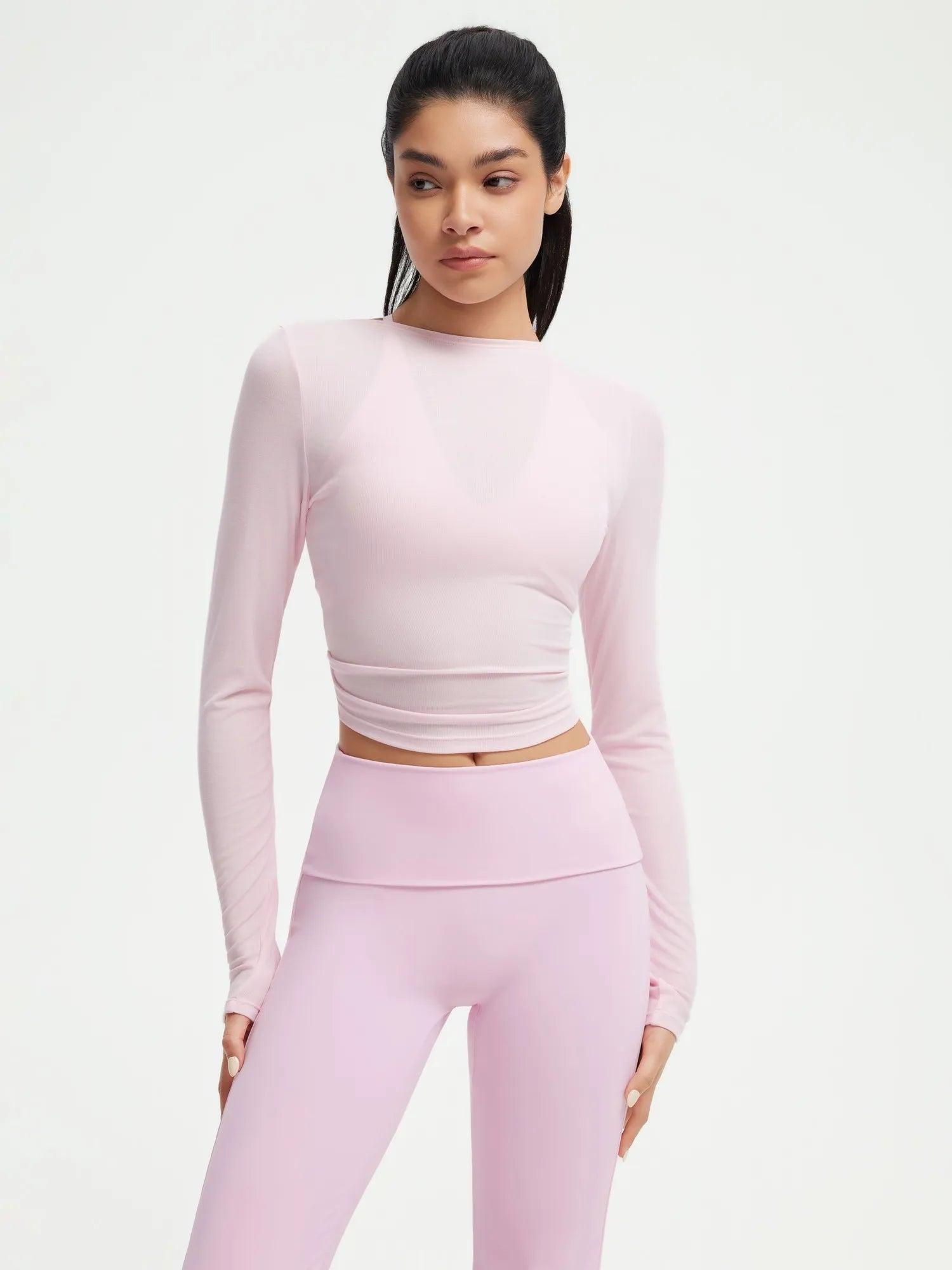Ribbed Wrap Front Tie V Neck Shirt - Long Sleeve