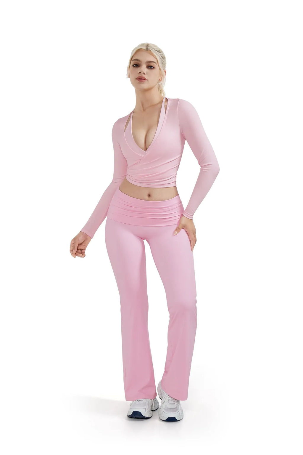 Ribbed Wrap Front Tie V Neck Shirt - Long Sleeve