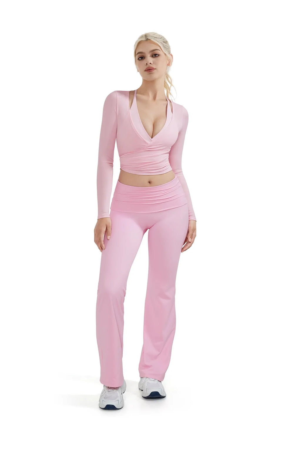 Ribbed Wrap Front Tie V Neck Shirt - Long Sleeve
