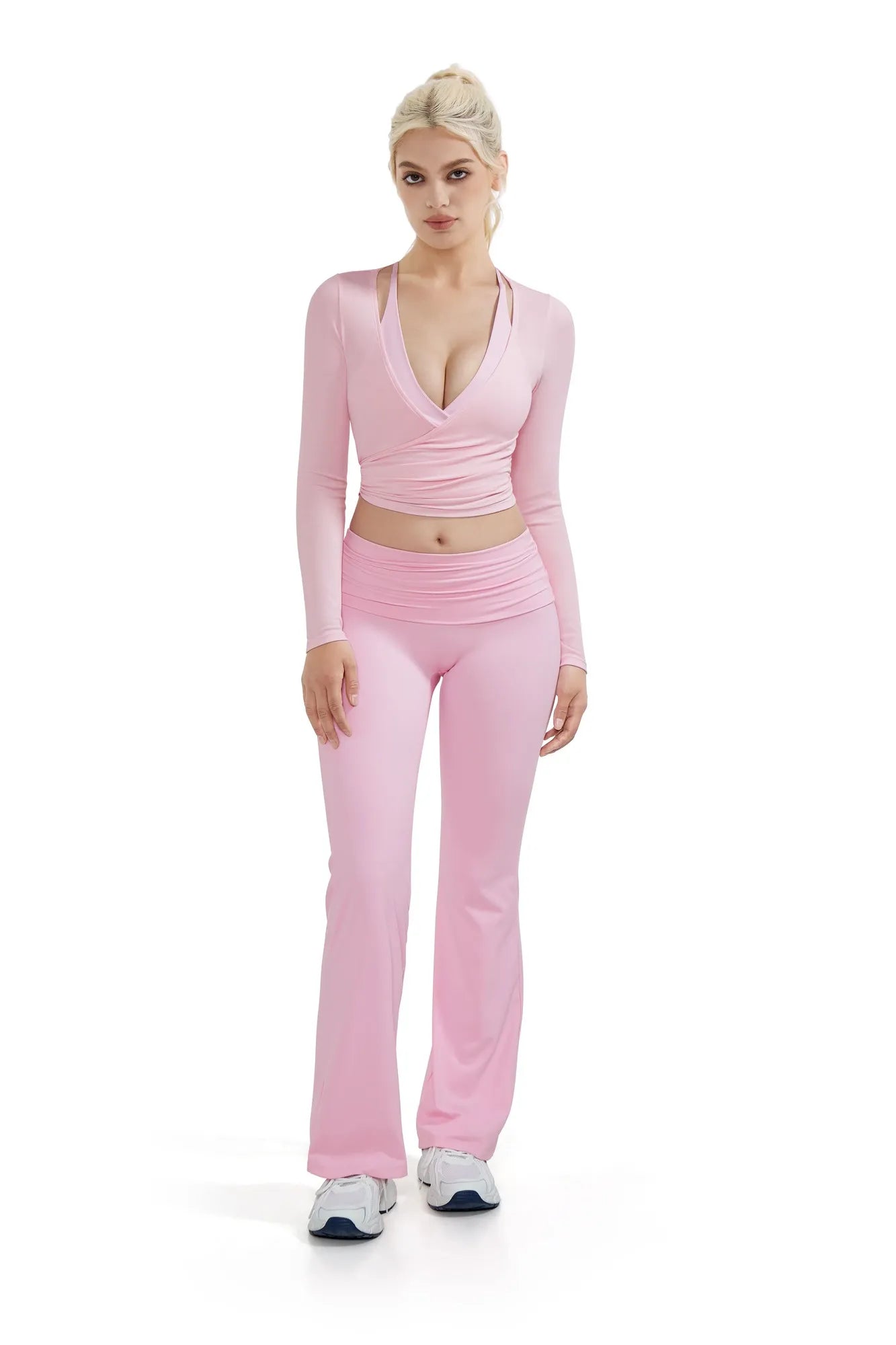 Ribbed Wrap Front Tie V Neck Shirt - Long Sleeve