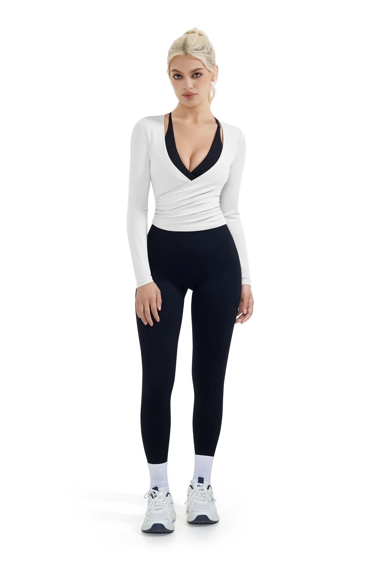 Ribbed Wrap Front Tie V Neck Shirt - Long Sleeve