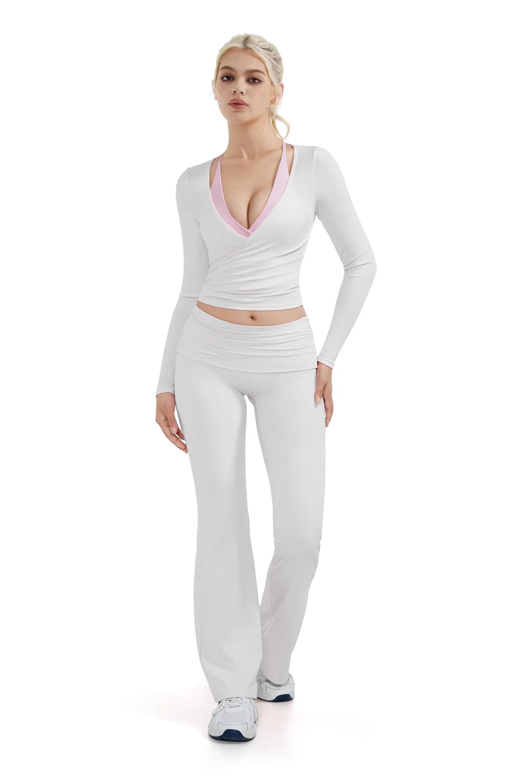 Ribbed Wrap Front Tie V Neck Shirt - Long Sleeve
