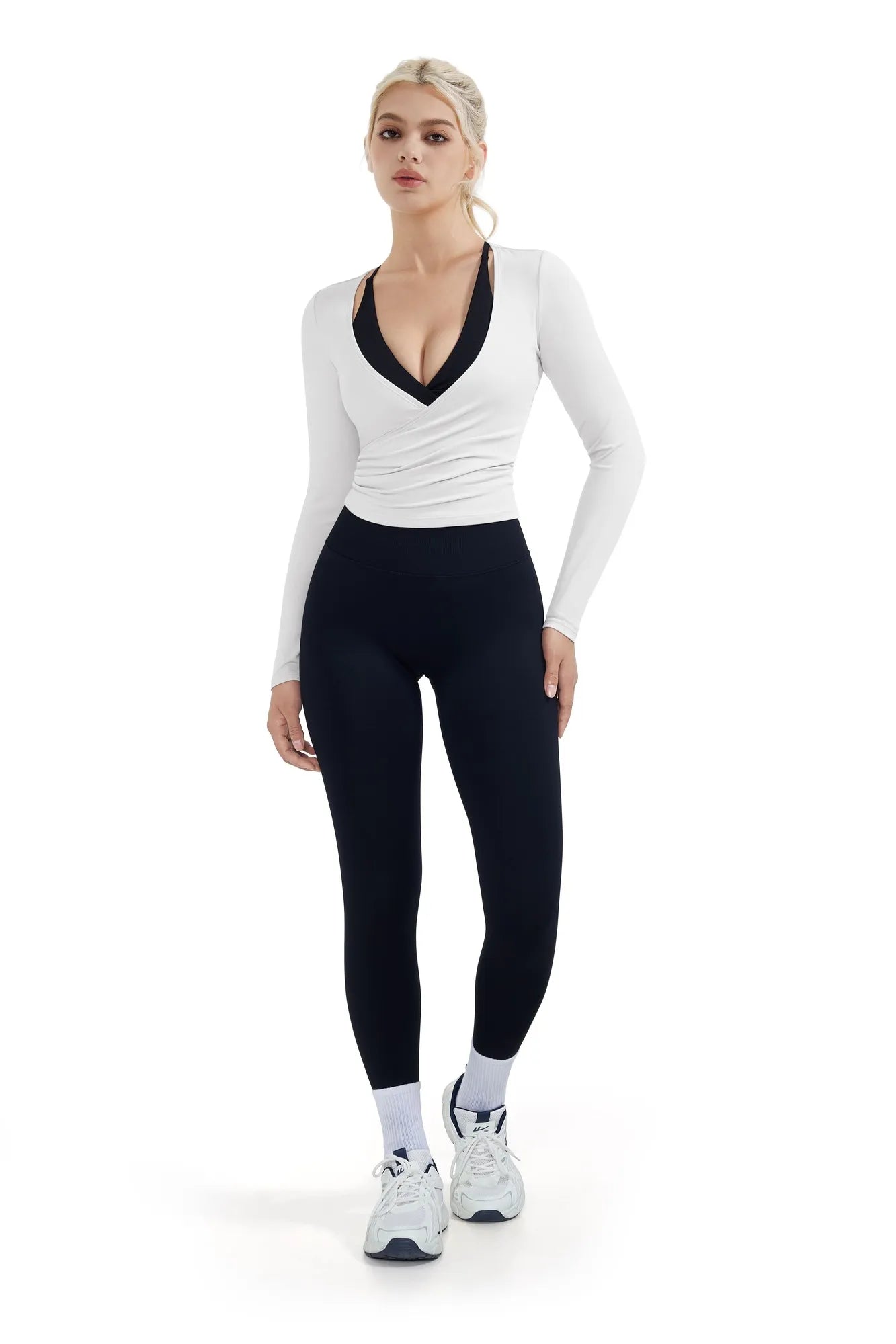 Ribbed Wrap Front Tie V Neck Shirt - Long Sleeve