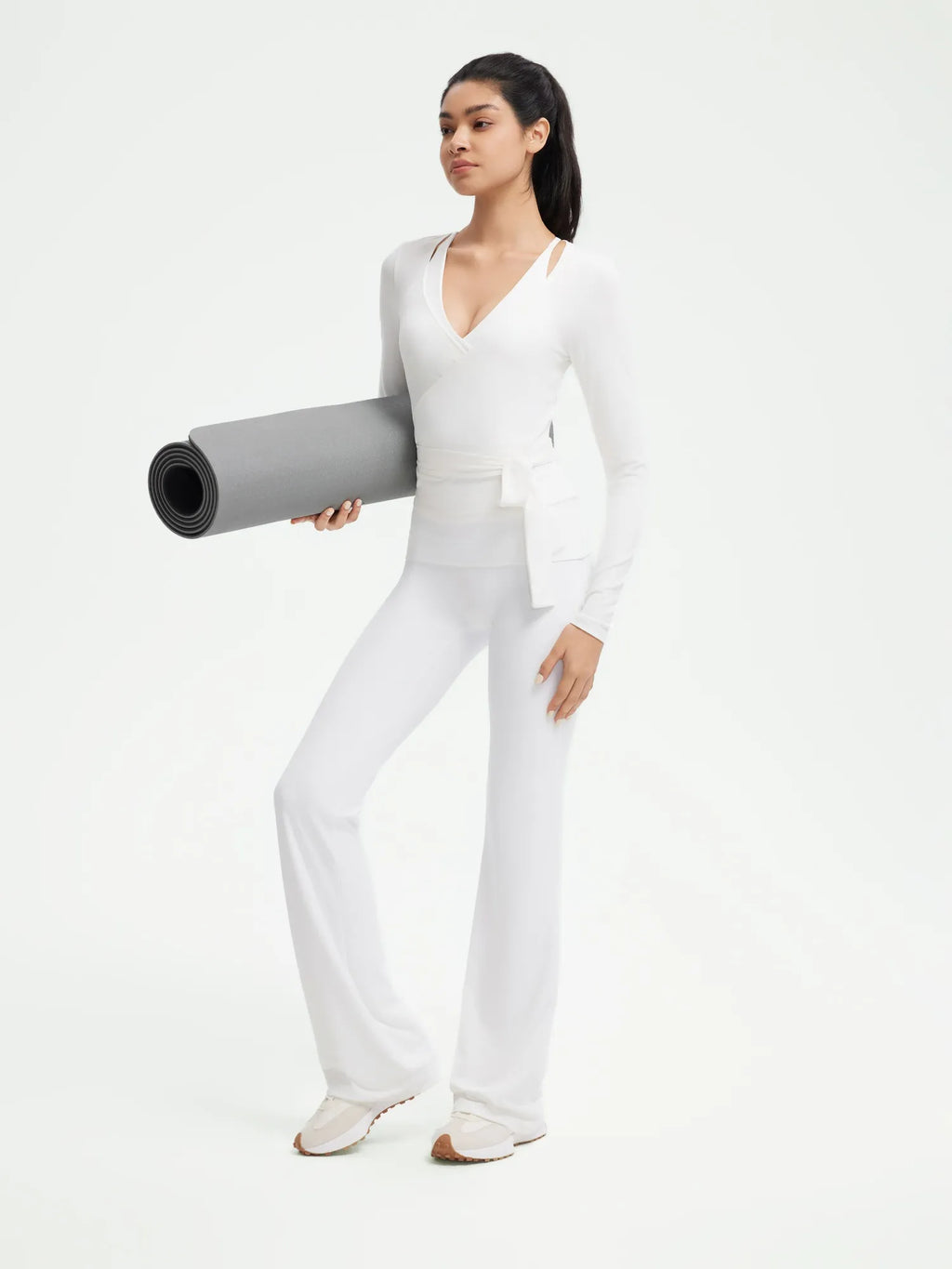Ribbed Wrap Front Tie V Neck Shirt - Long Sleeve