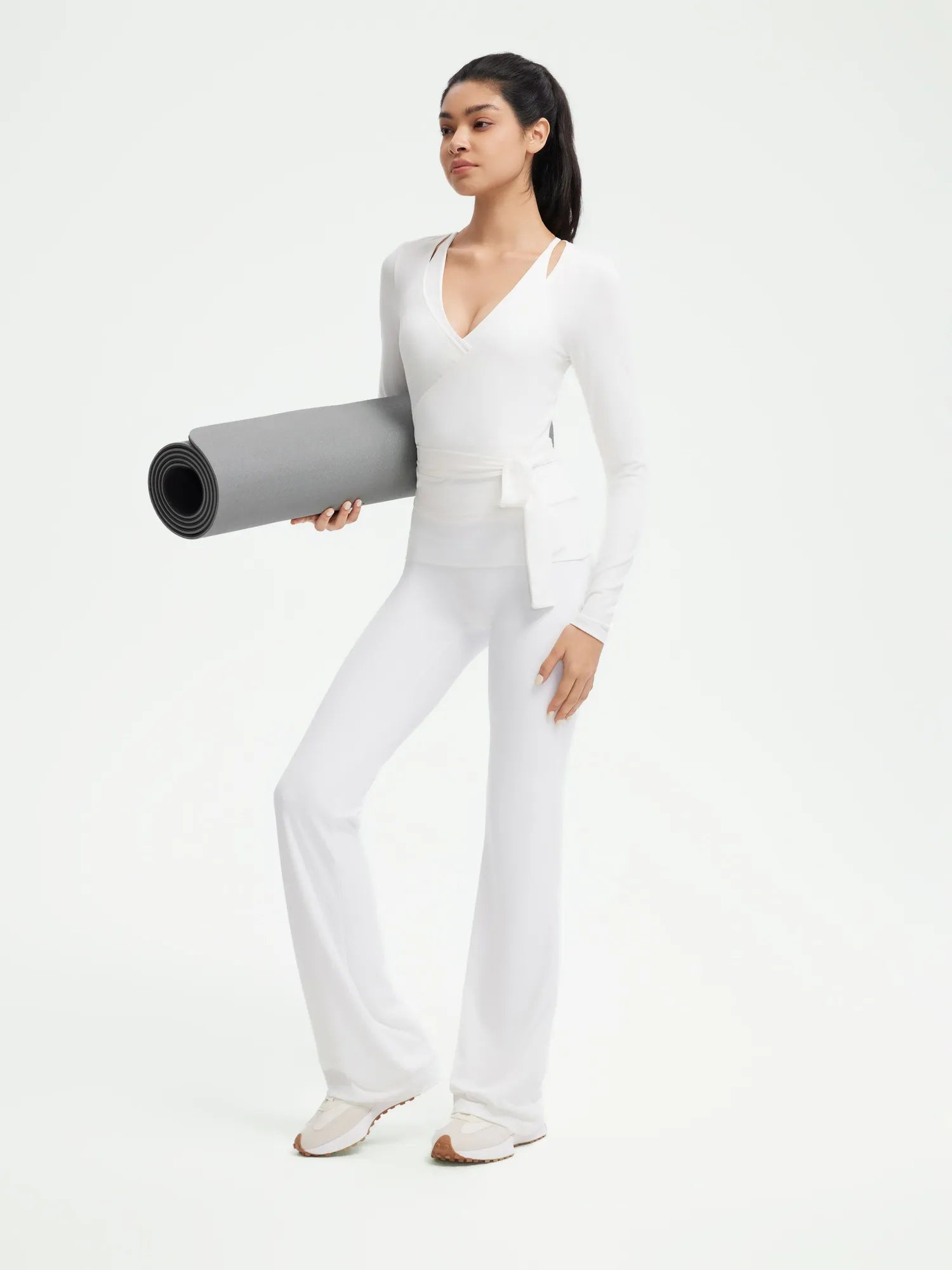 Ribbed Wrap Front Tie V Neck Shirt - Long Sleeve