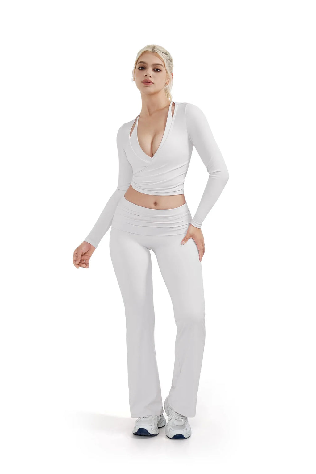 Ribbed Wrap Front Tie V Neck Shirt - Long Sleeve