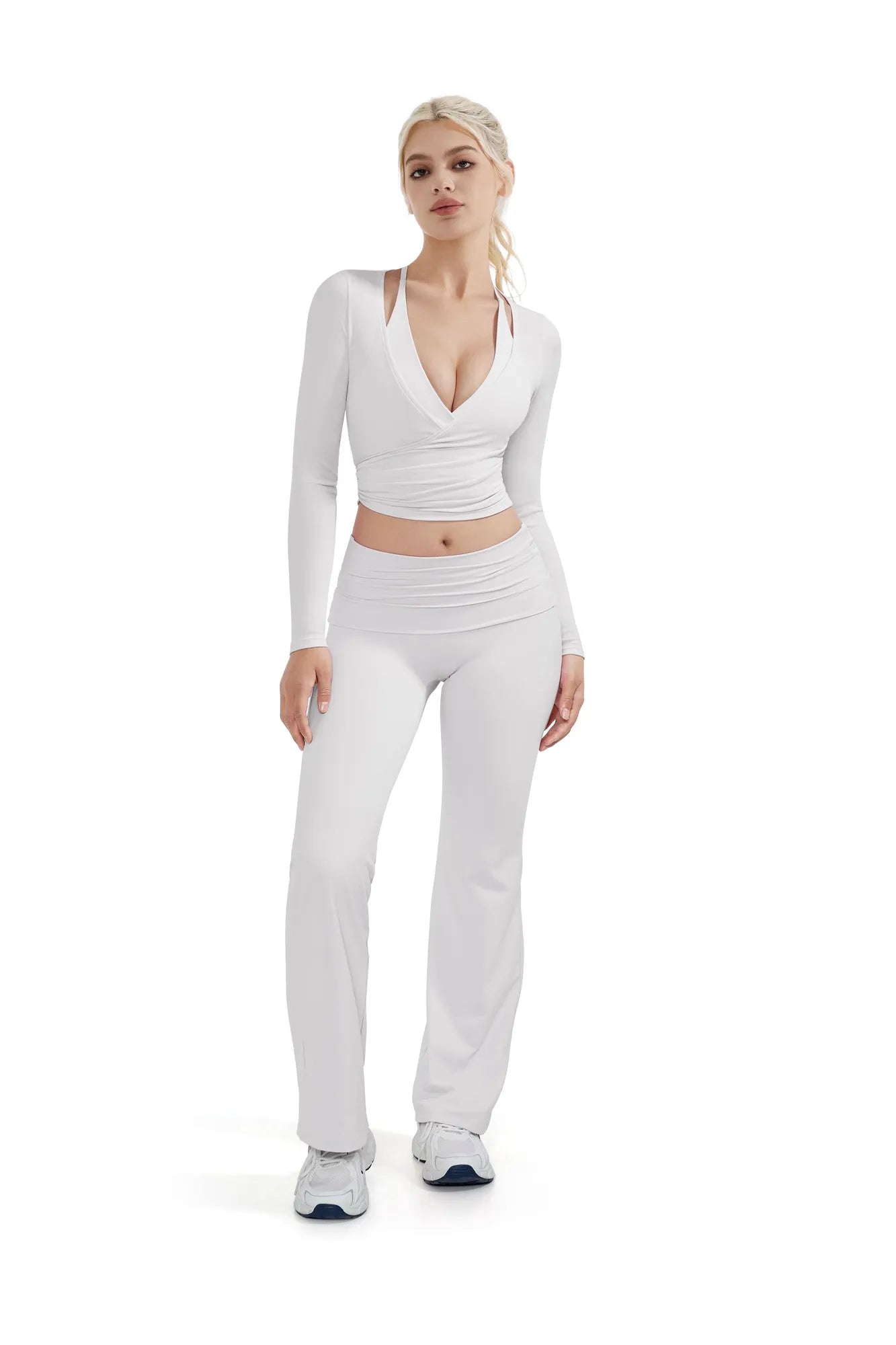 Ribbed Wrap Front Tie V Neck Shirt - Long Sleeve