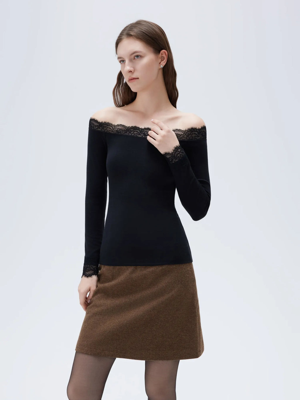 Cloud Cashmere Lace Off Shoulder Shirt - Long Sleeve