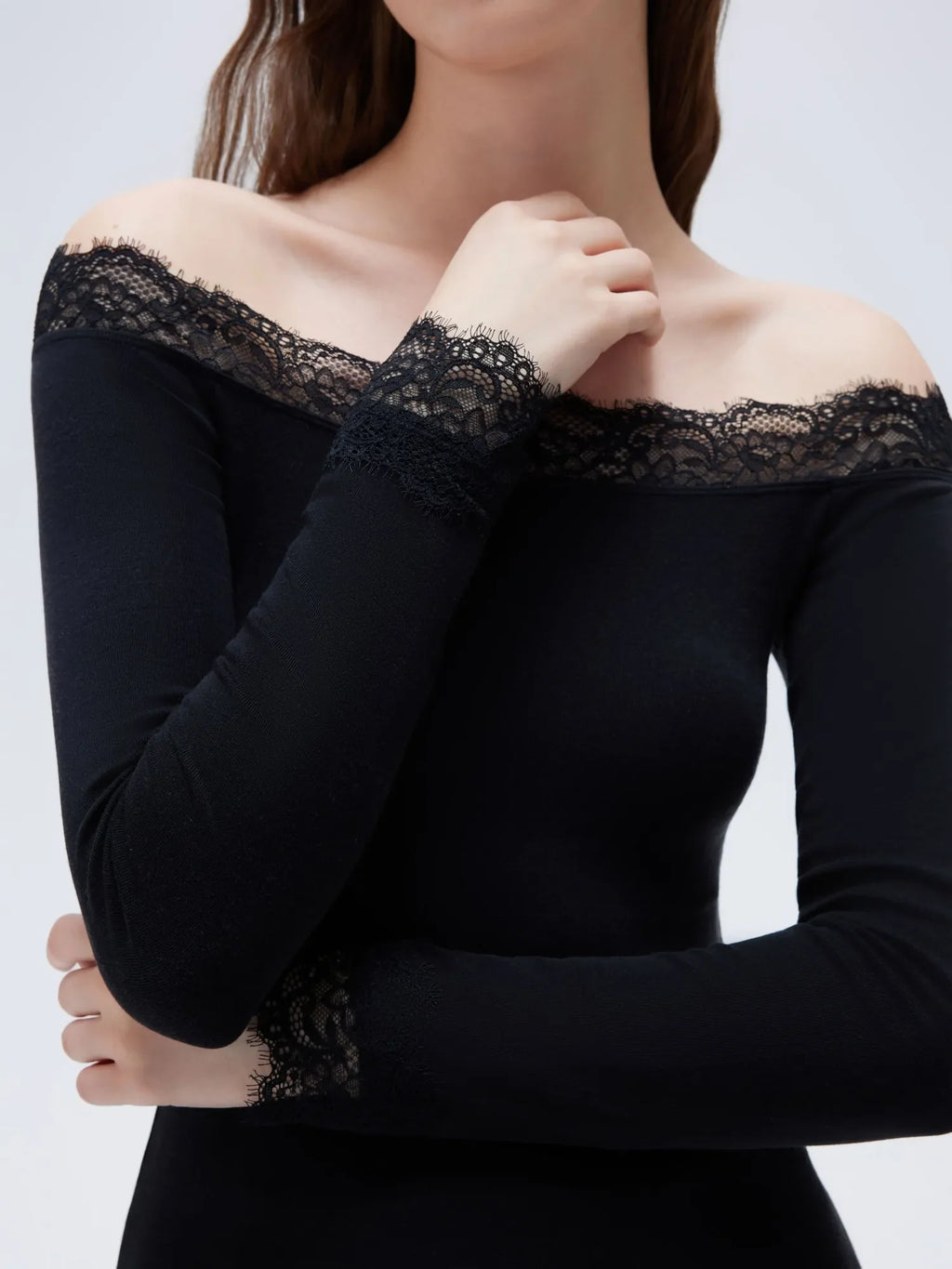 Cloud Cashmere Lace Off Shoulder Shirt - Long Sleeve