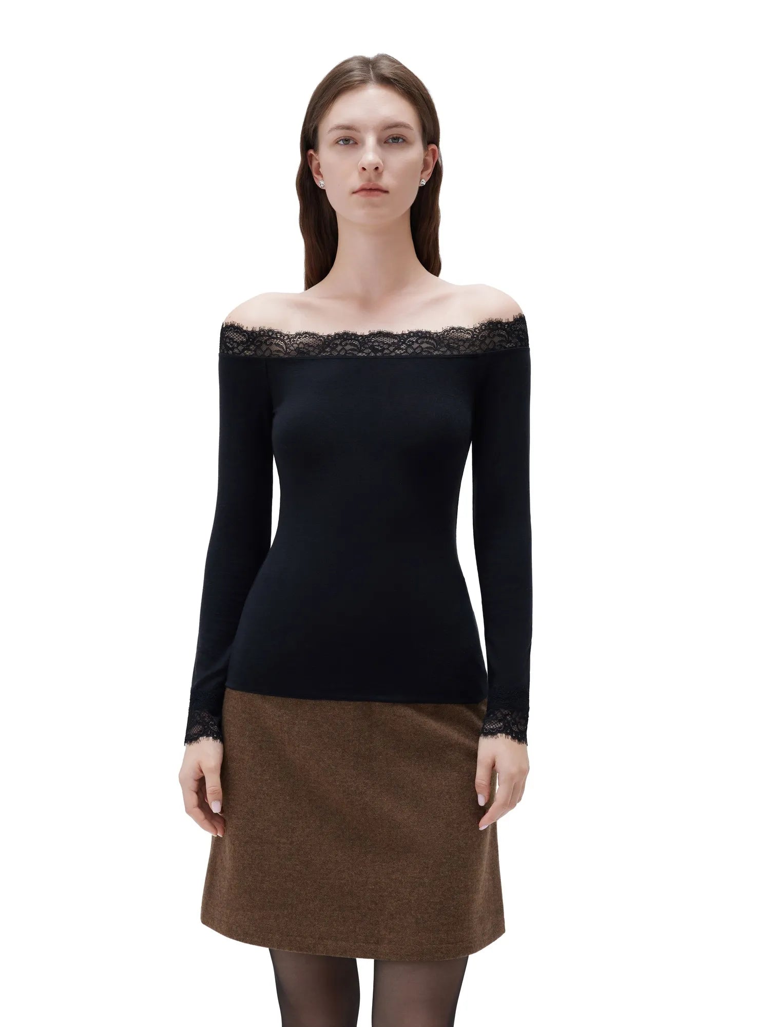 Cloud Cashmere Lace Off Shoulder Shirt - Long Sleeve