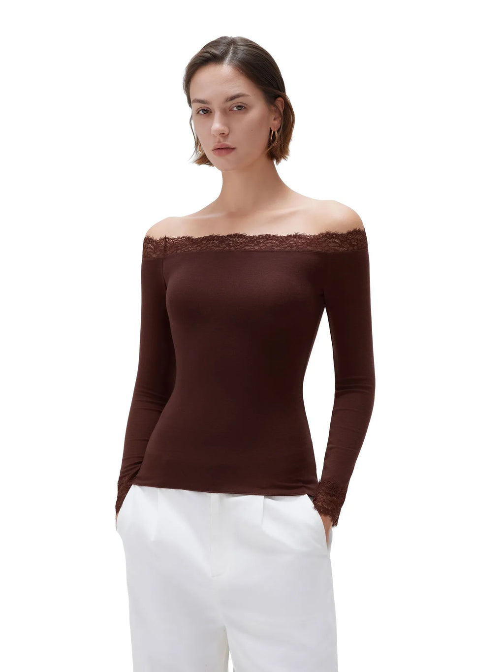 Cloud Cashmere Lace Off Shoulder Shirt - Long Sleeve