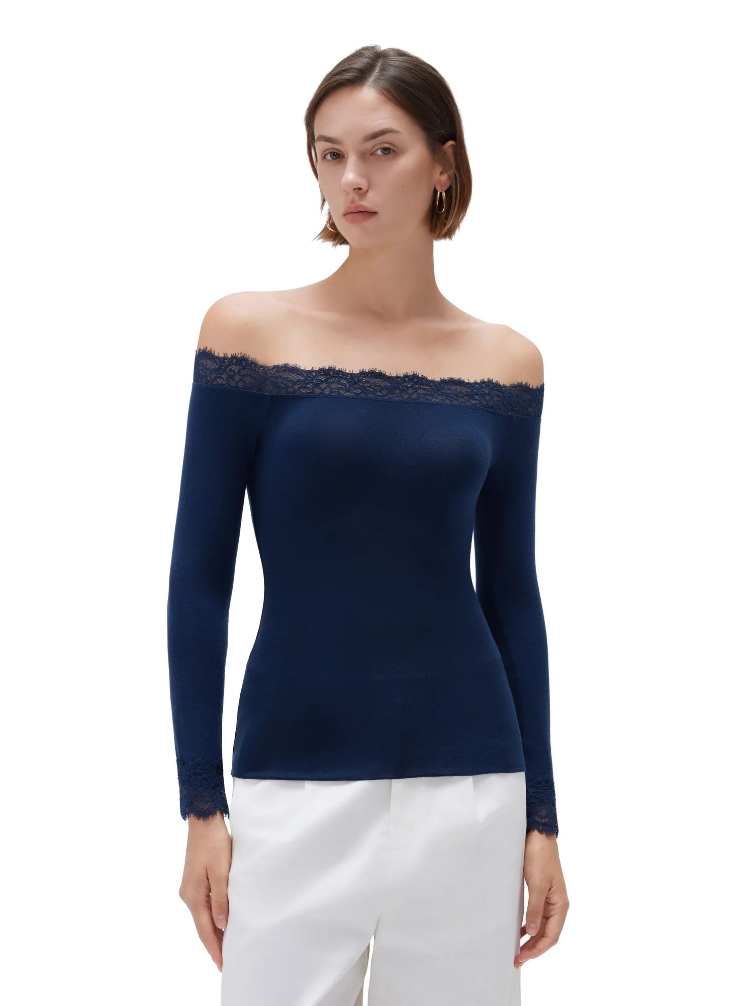 Cloud Cashmere Lace Off Shoulder Shirt - Long Sleeve