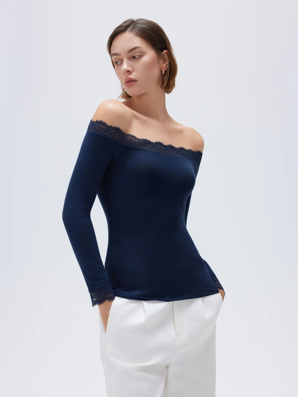 Cloud Cashmere Lace Off Shoulder Shirt - Long Sleeve