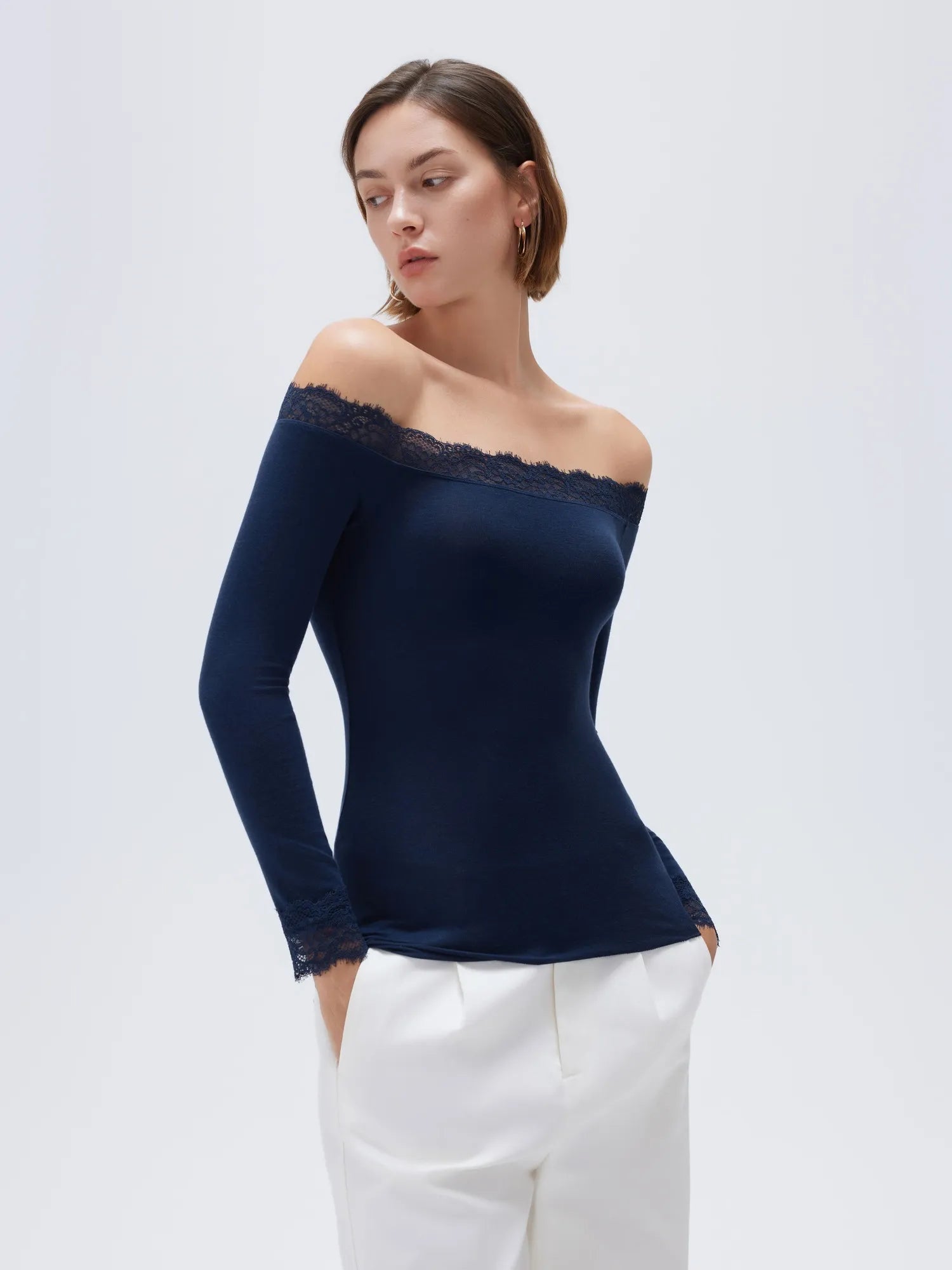 Cloud Cashmere Lace Off Shoulder Shirt - Long Sleeve