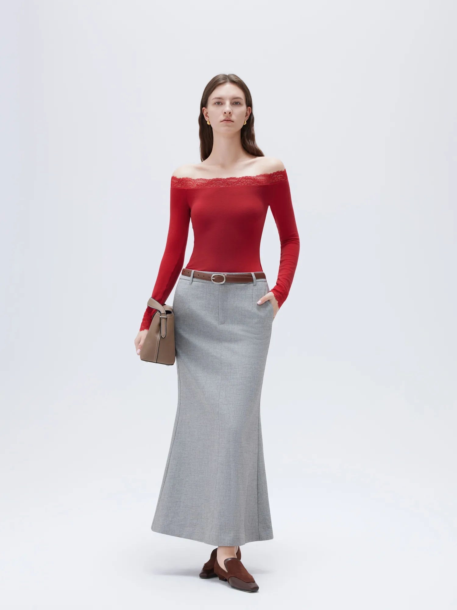 Cloud Cashmere Lace Off Shoulder Shirt - Long Sleeve