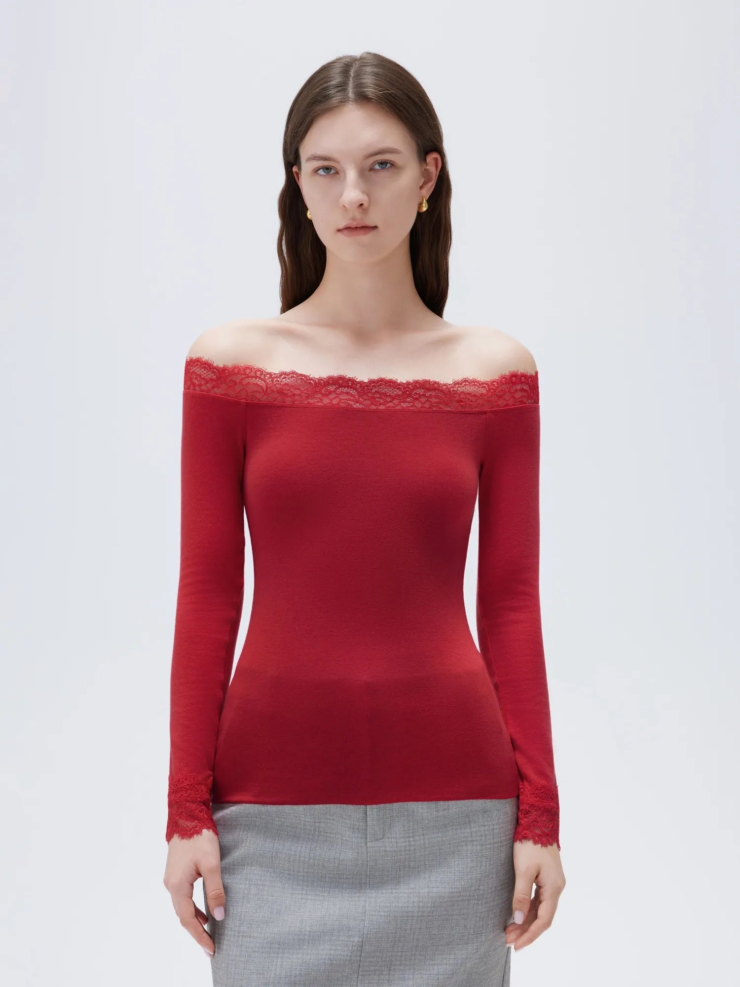 Cloud Cashmere Lace Off Shoulder Shirt - Long Sleeve