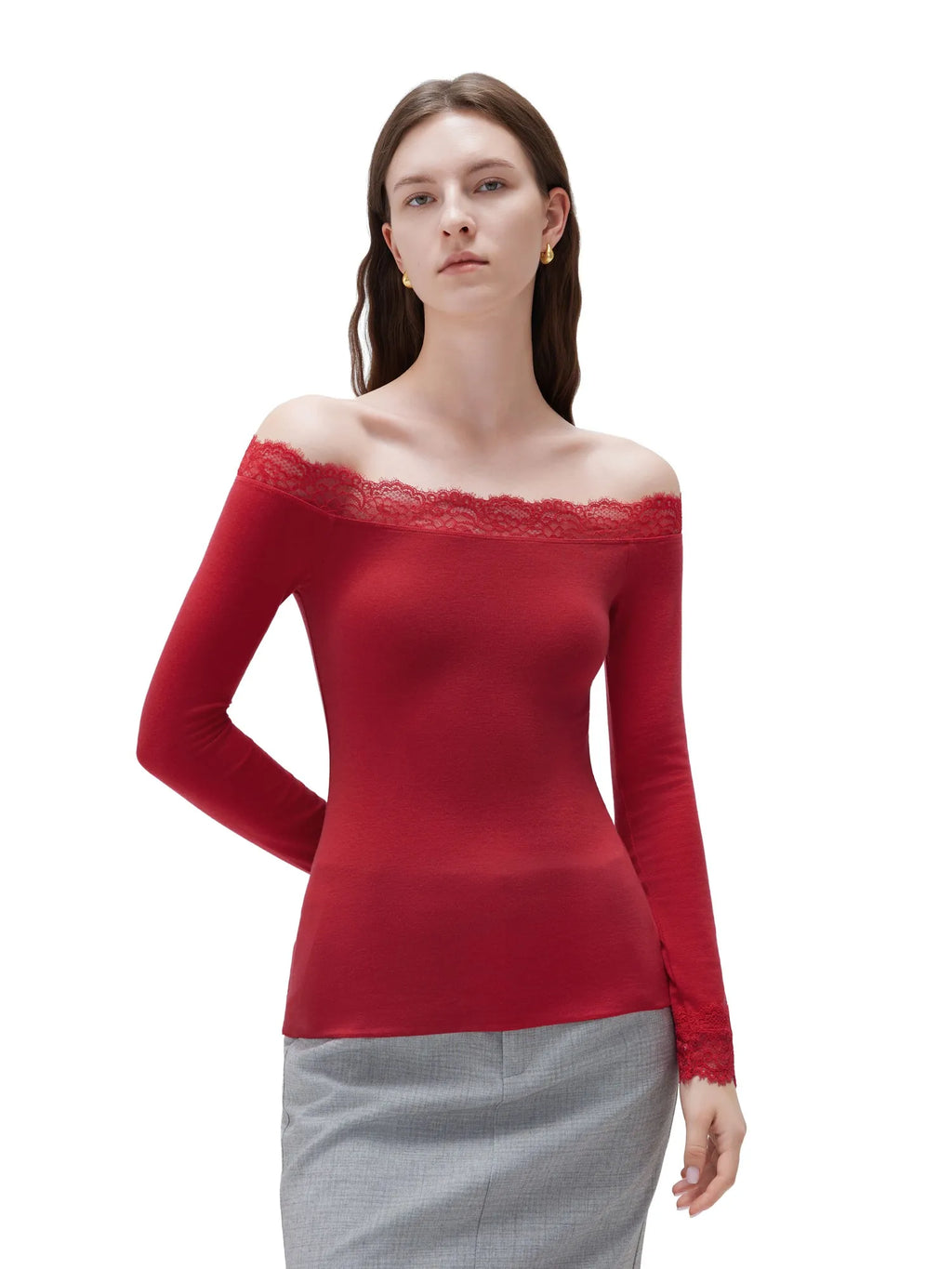 Cloud Cashmere Lace Off Shoulder Shirt - Long Sleeve