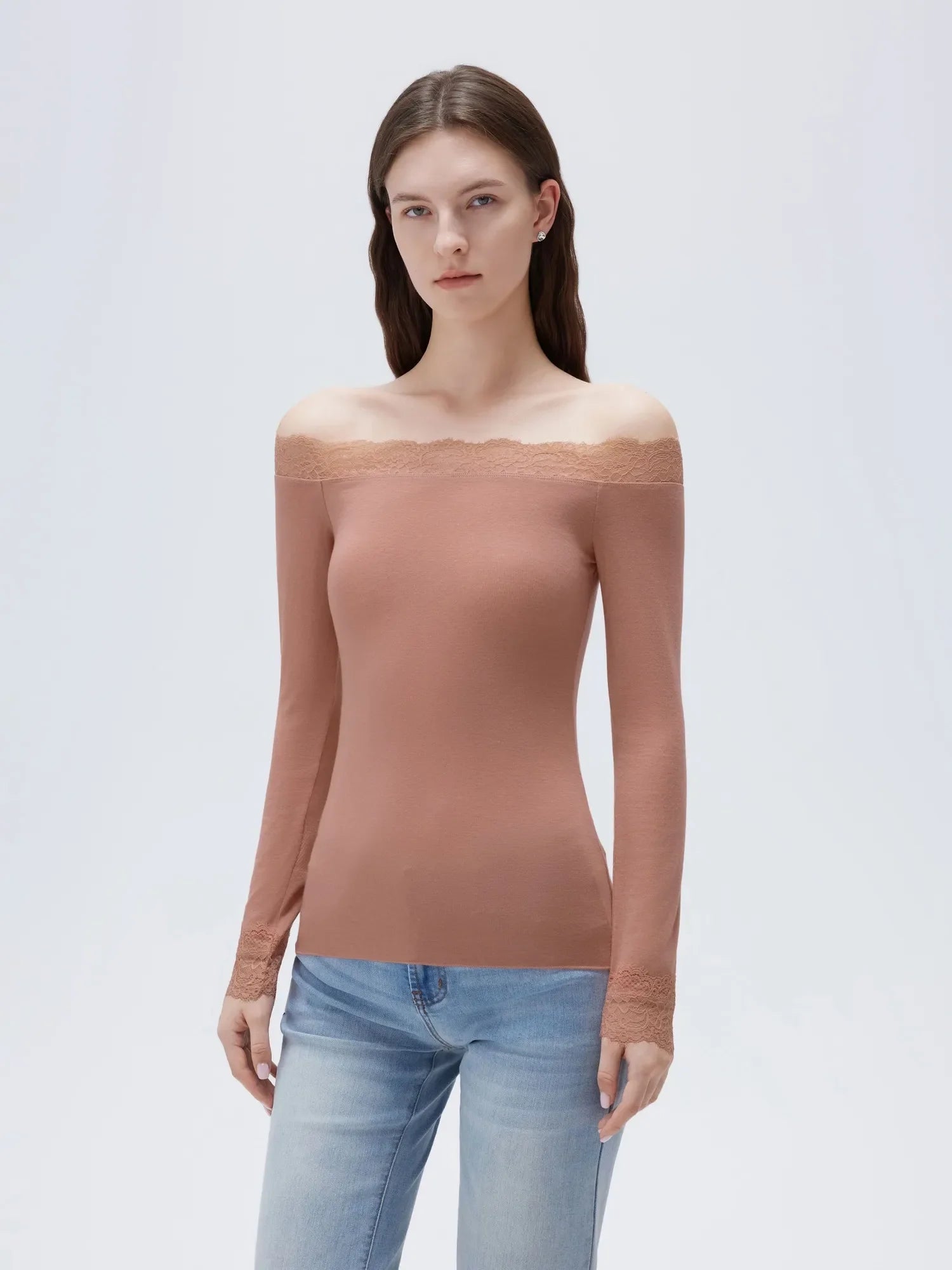 Cloud Cashmere Lace Off Shoulder Shirt - Long Sleeve