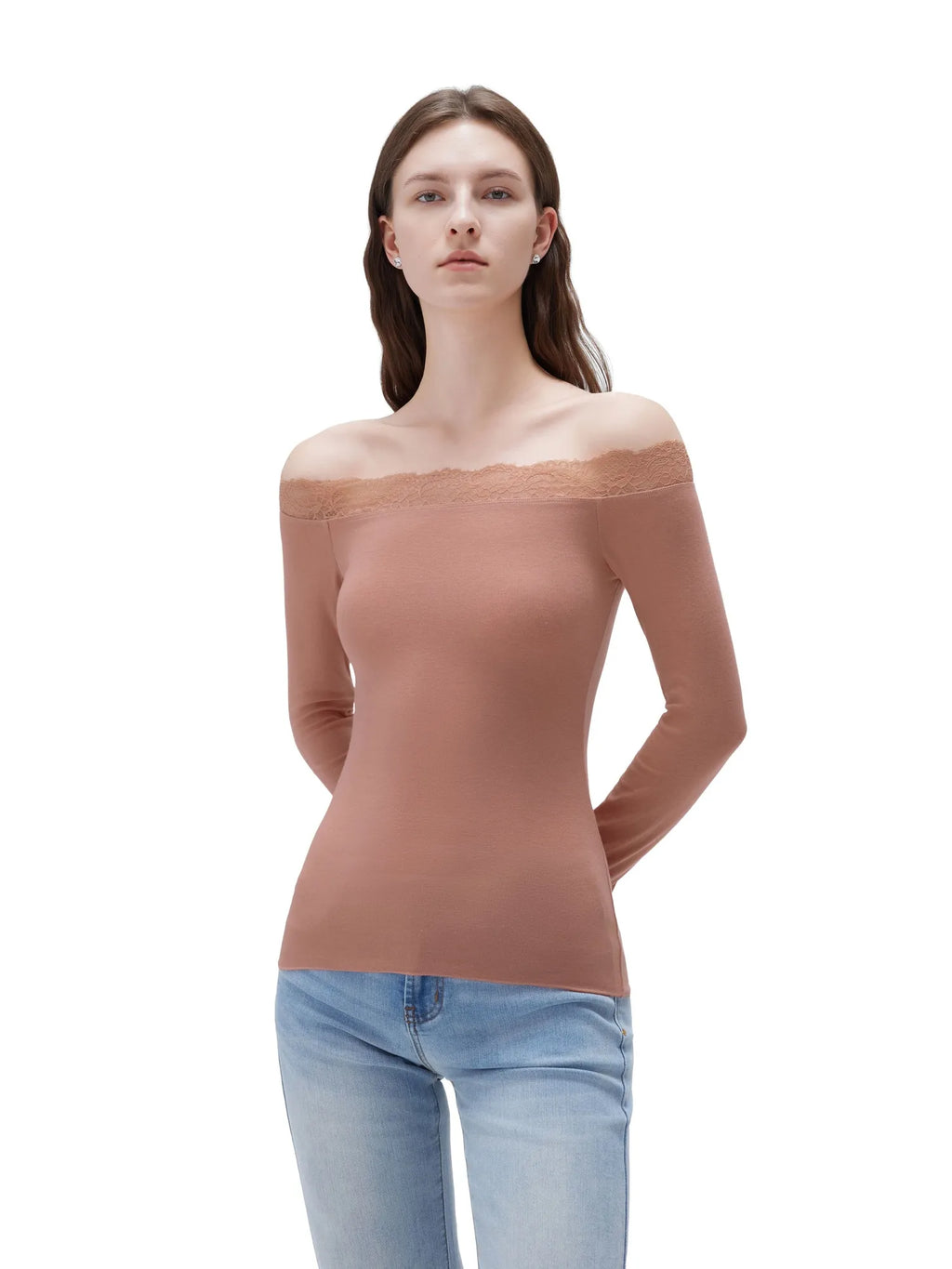 Cloud Cashmere Lace Off Shoulder Shirt - Long Sleeve