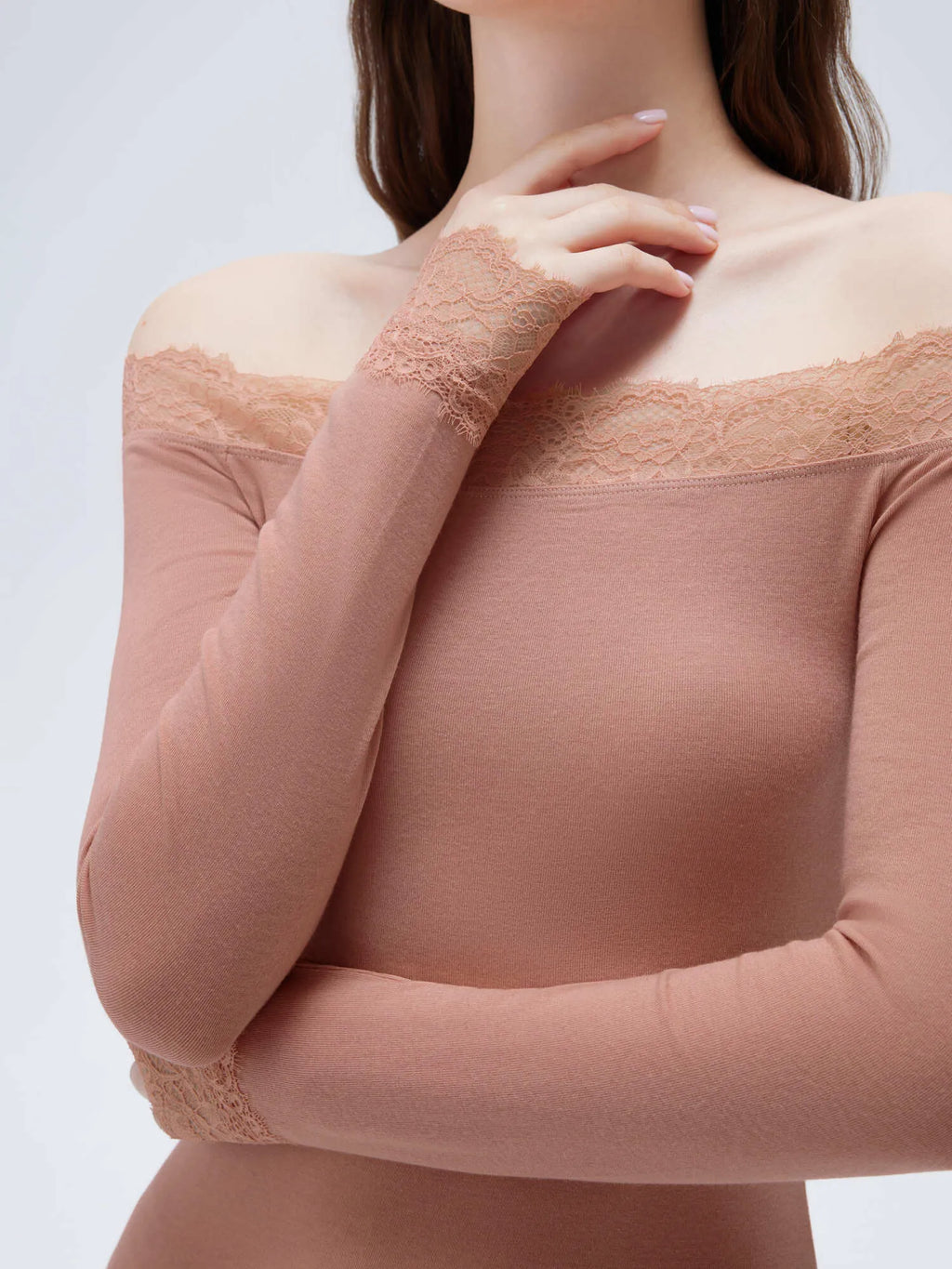 Cloud Cashmere Lace Off Shoulder Shirt - Long Sleeve
