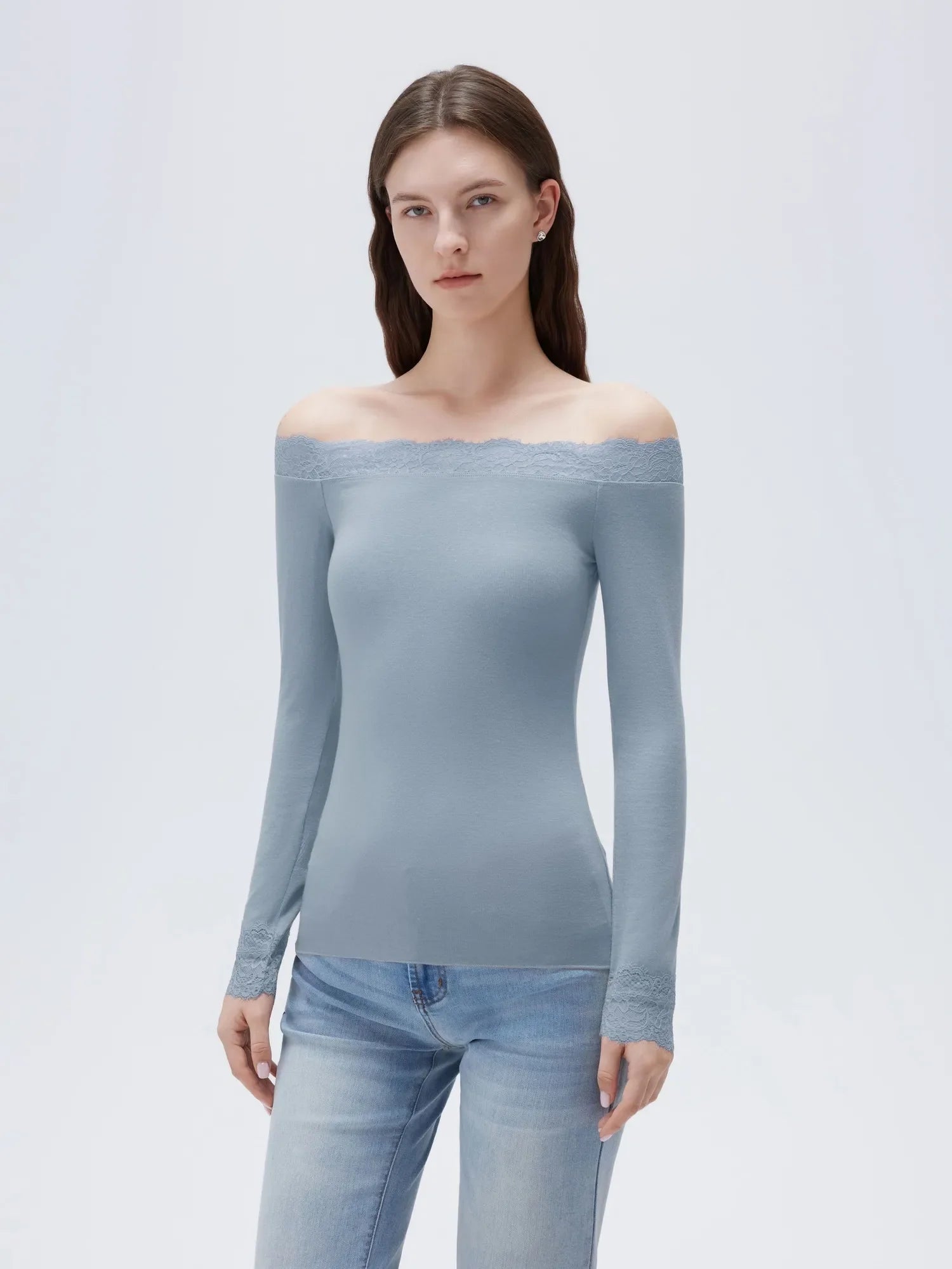 Cloud Cashmere Lace Off Shoulder Shirt - Long Sleeve