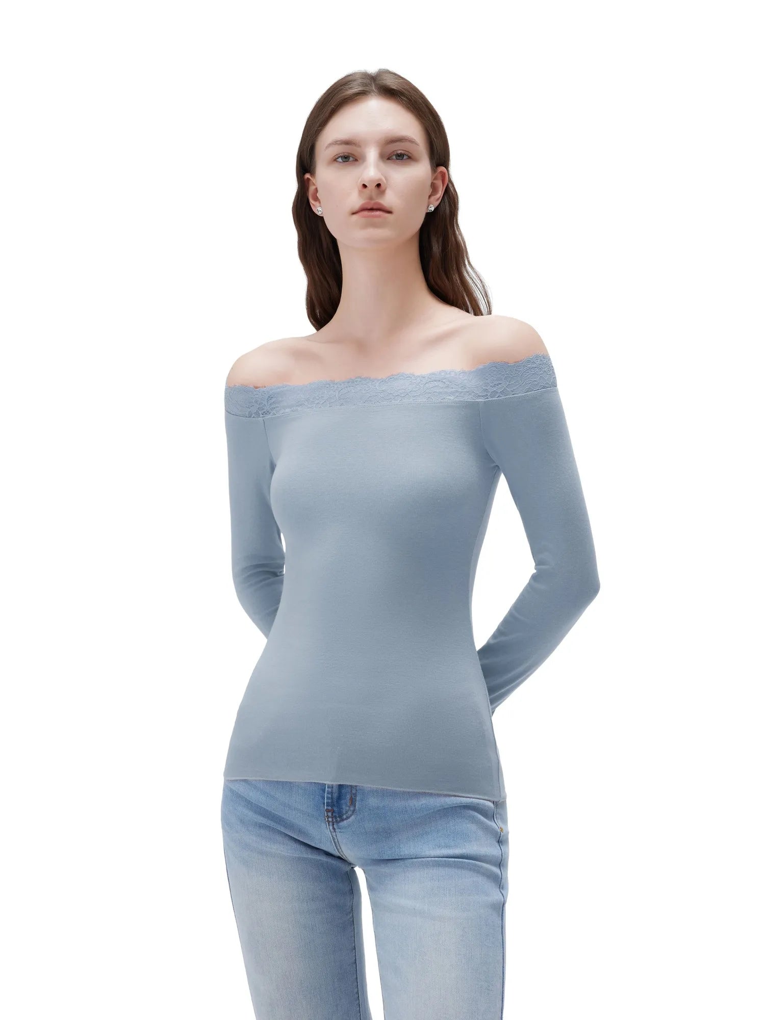 Cloud Cashmere Lace Off Shoulder Shirt - Long Sleeve