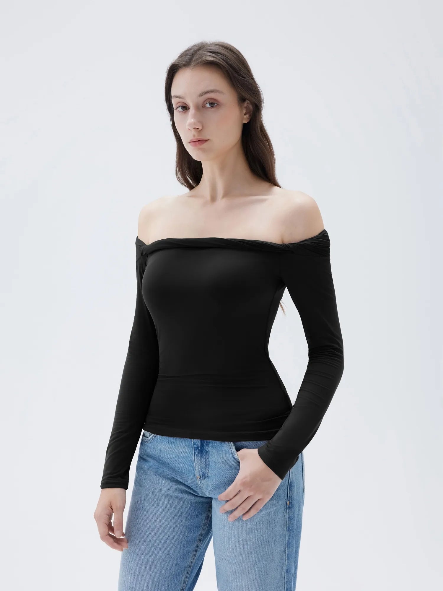 Buttery Soft Padded Off Shoulder Shirt - Long Sleeve