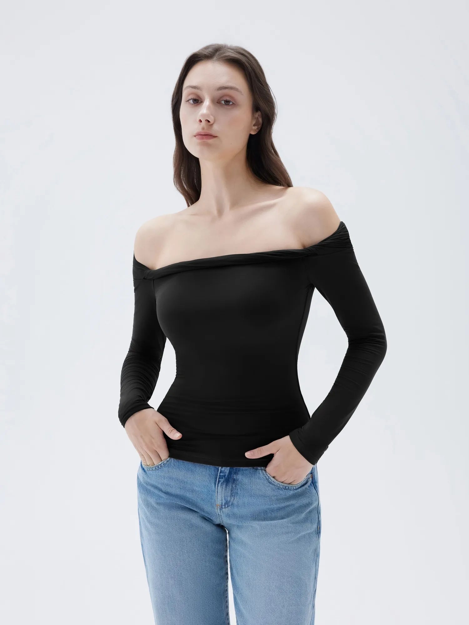 Buttery Soft Padded Off Shoulder Shirt - Long Sleeve