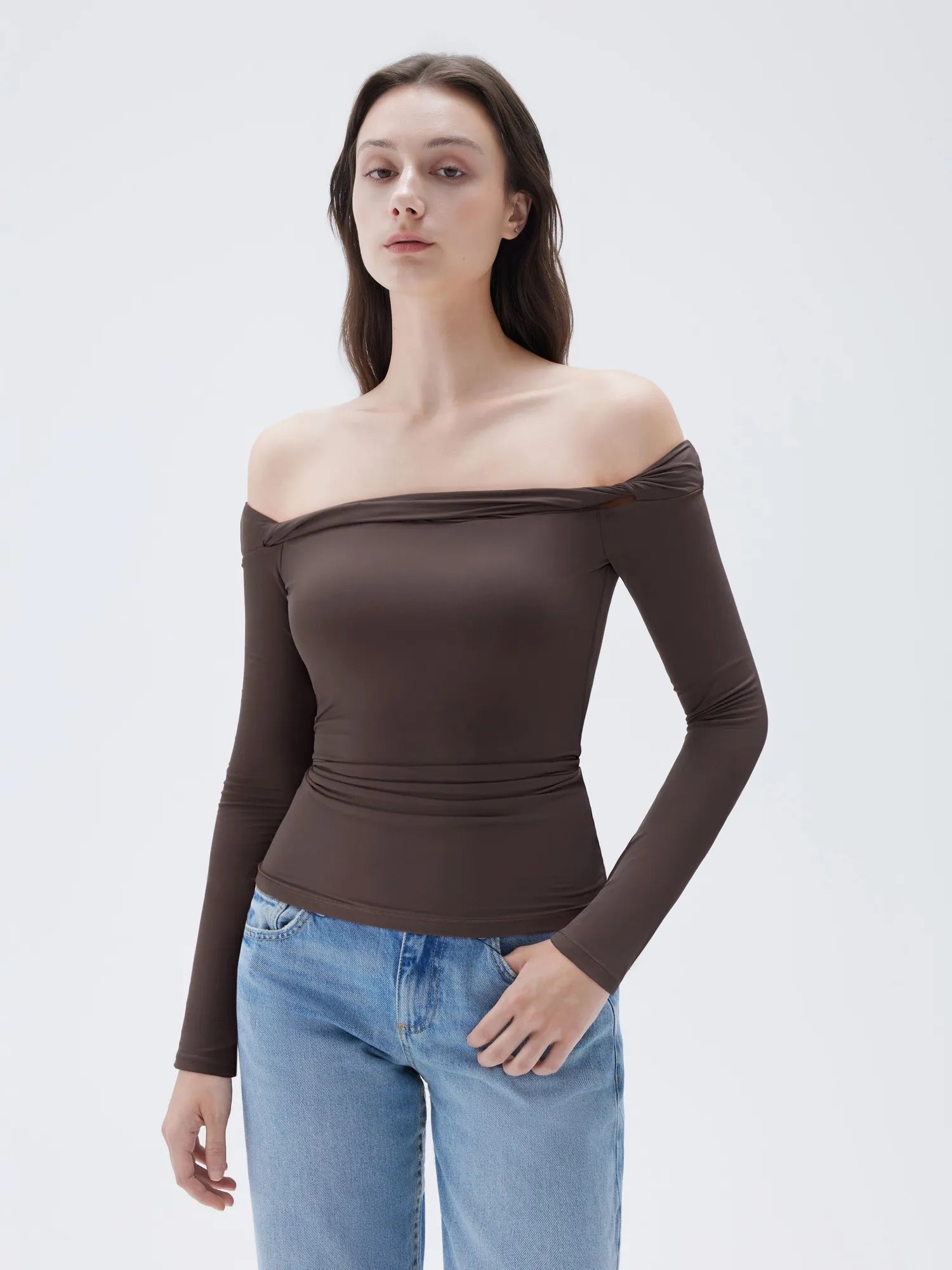 Buttery Soft Padded Off Shoulder Shirt - Long Sleeve