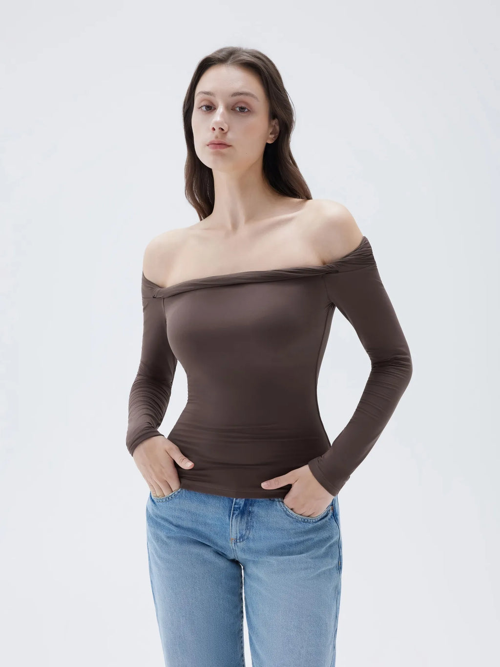 Buttery Soft Padded Off Shoulder Shirt - Long Sleeve