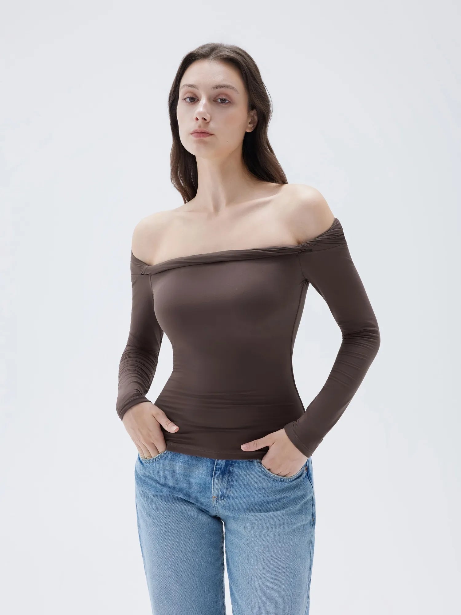 Buttery Soft Padded Off Shoulder Shirt - Long Sleeve