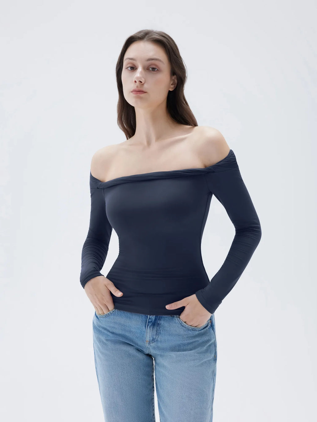 Buttery Soft Padded Off Shoulder Shirt - Long Sleeve
