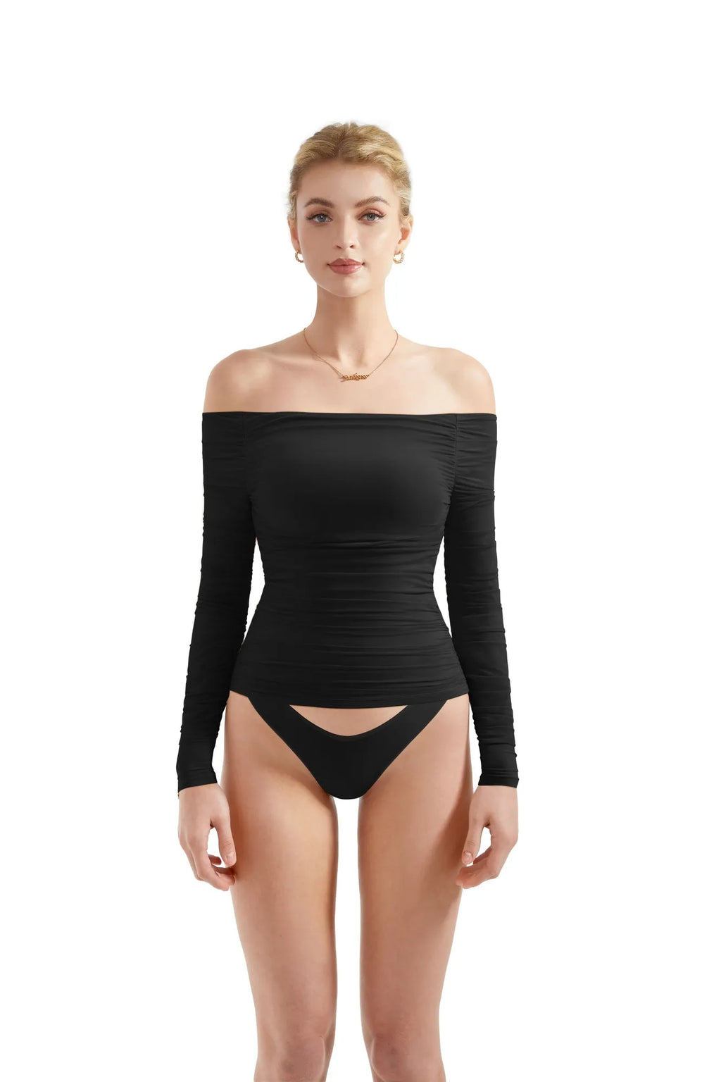 Mesh Padded Off Shoulder Shirt - Long Sleeve