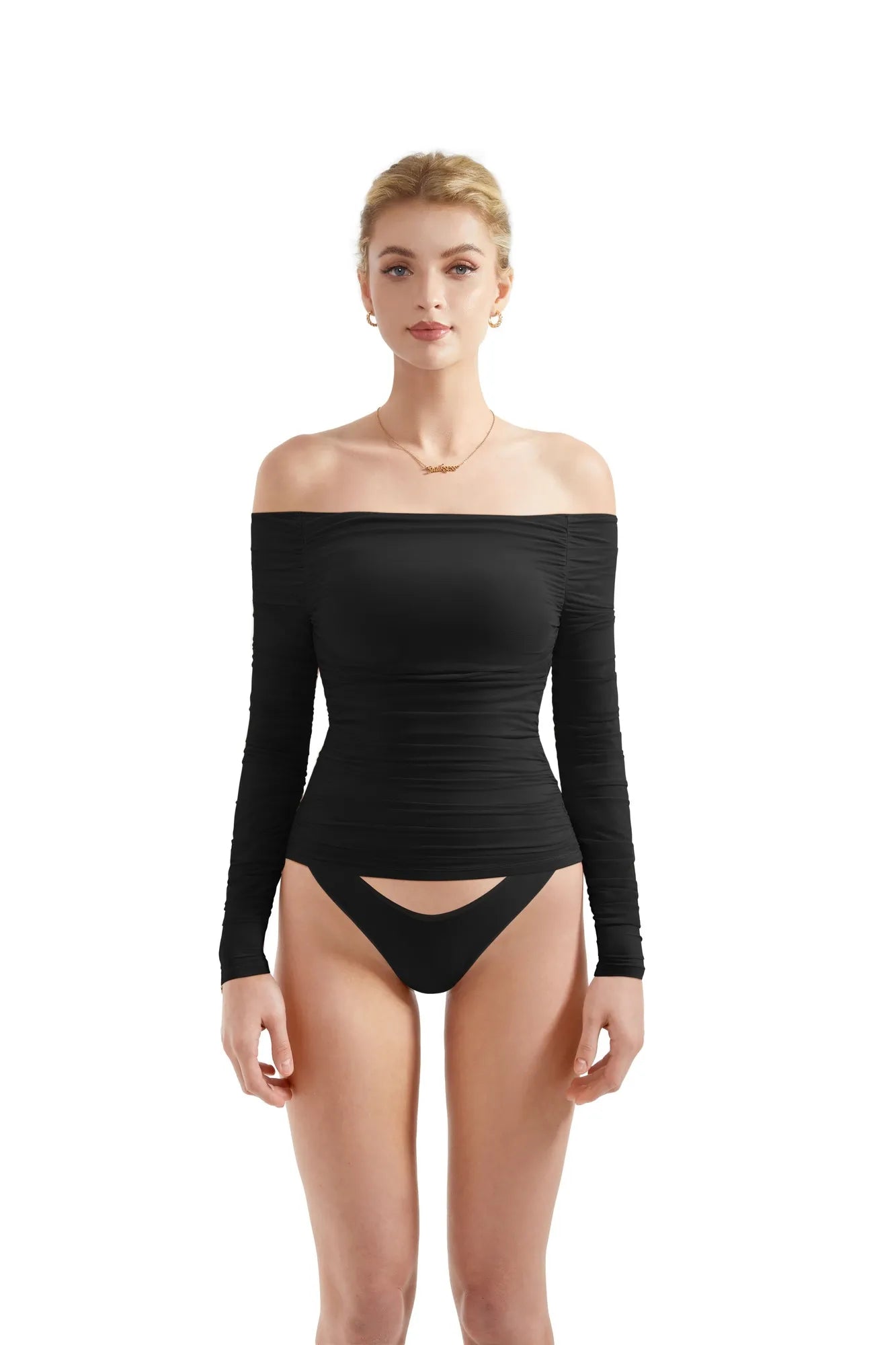 Mesh Padded Off Shoulder Shirt - Long Sleeve