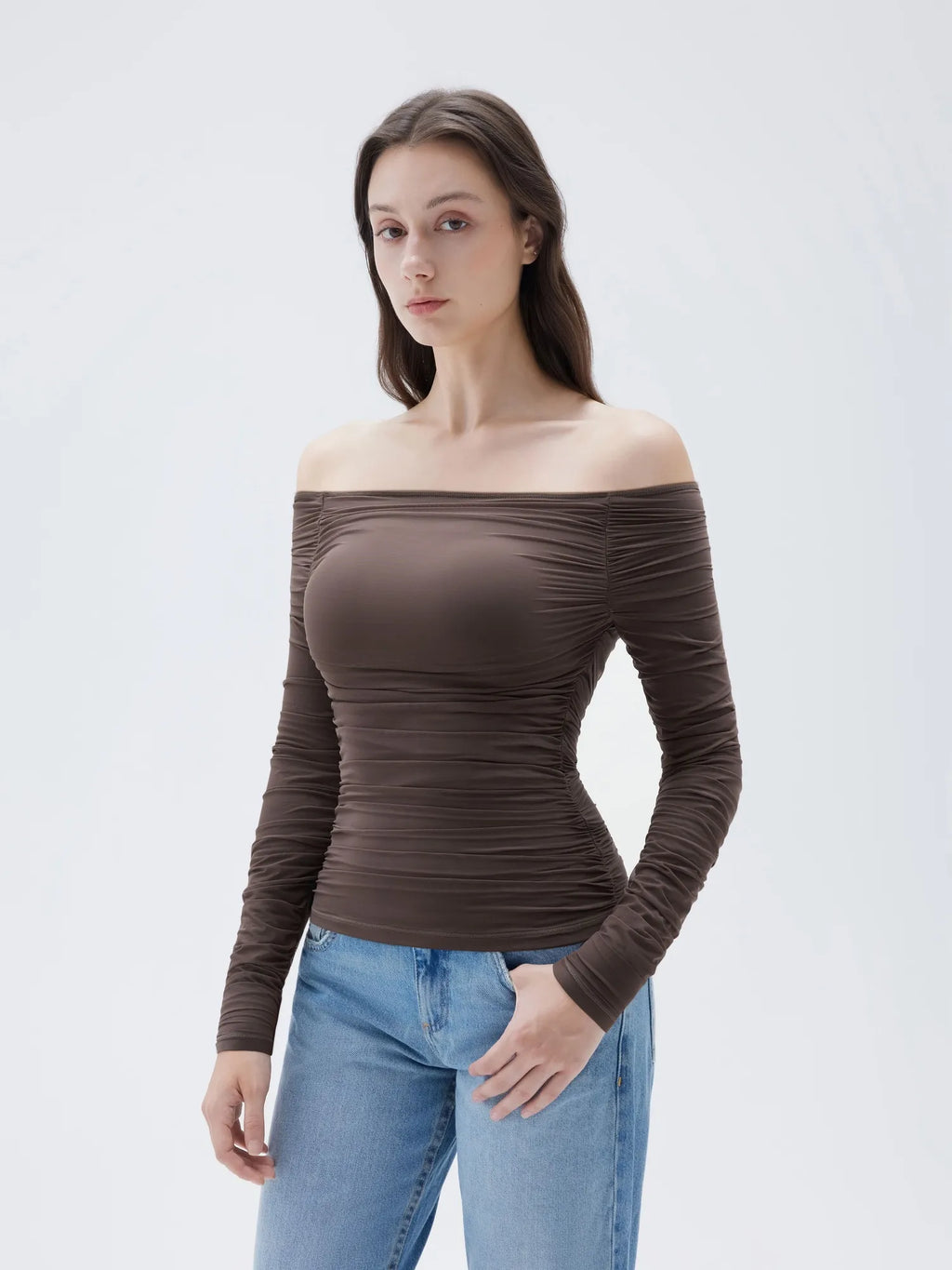 Mesh Padded Off Shoulder Shirt - Long Sleeve