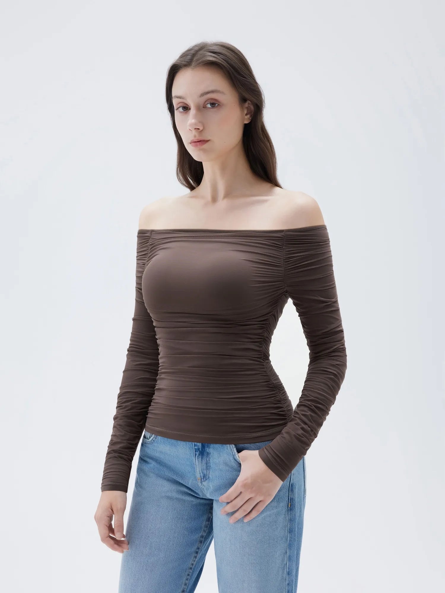 Mesh Padded Off Shoulder Shirt - Long Sleeve