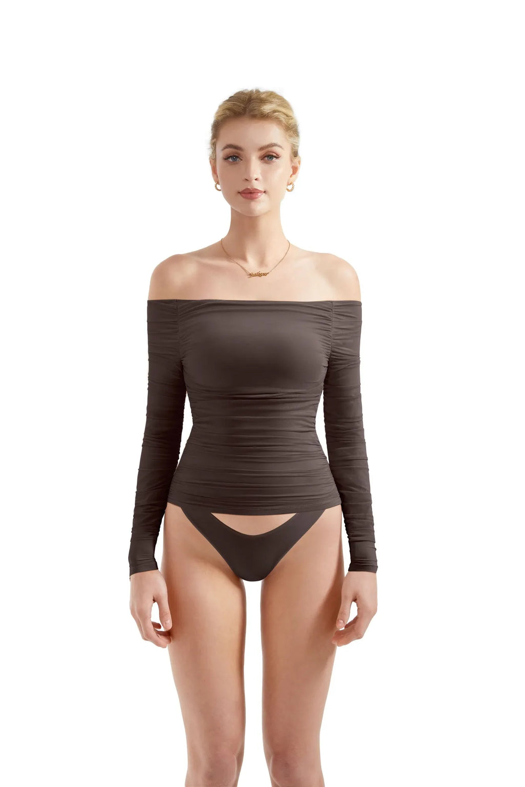 Mesh Padded Off Shoulder Shirt - Long Sleeve