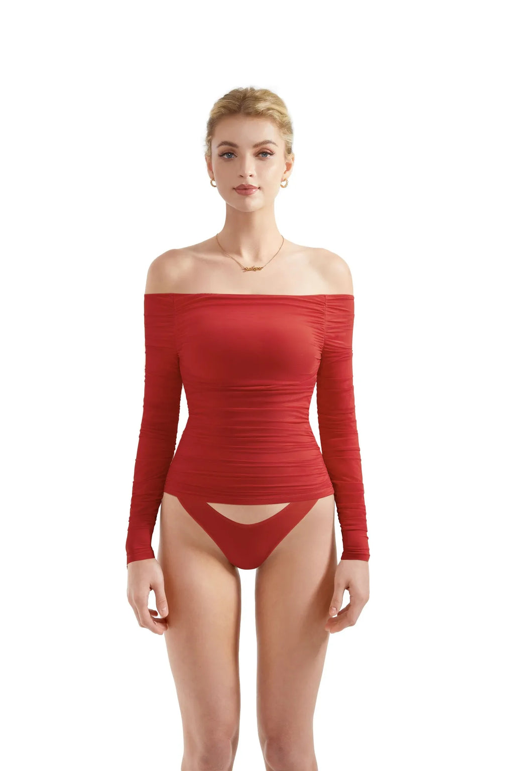 Mesh Padded Off Shoulder Shirt - Long Sleeve