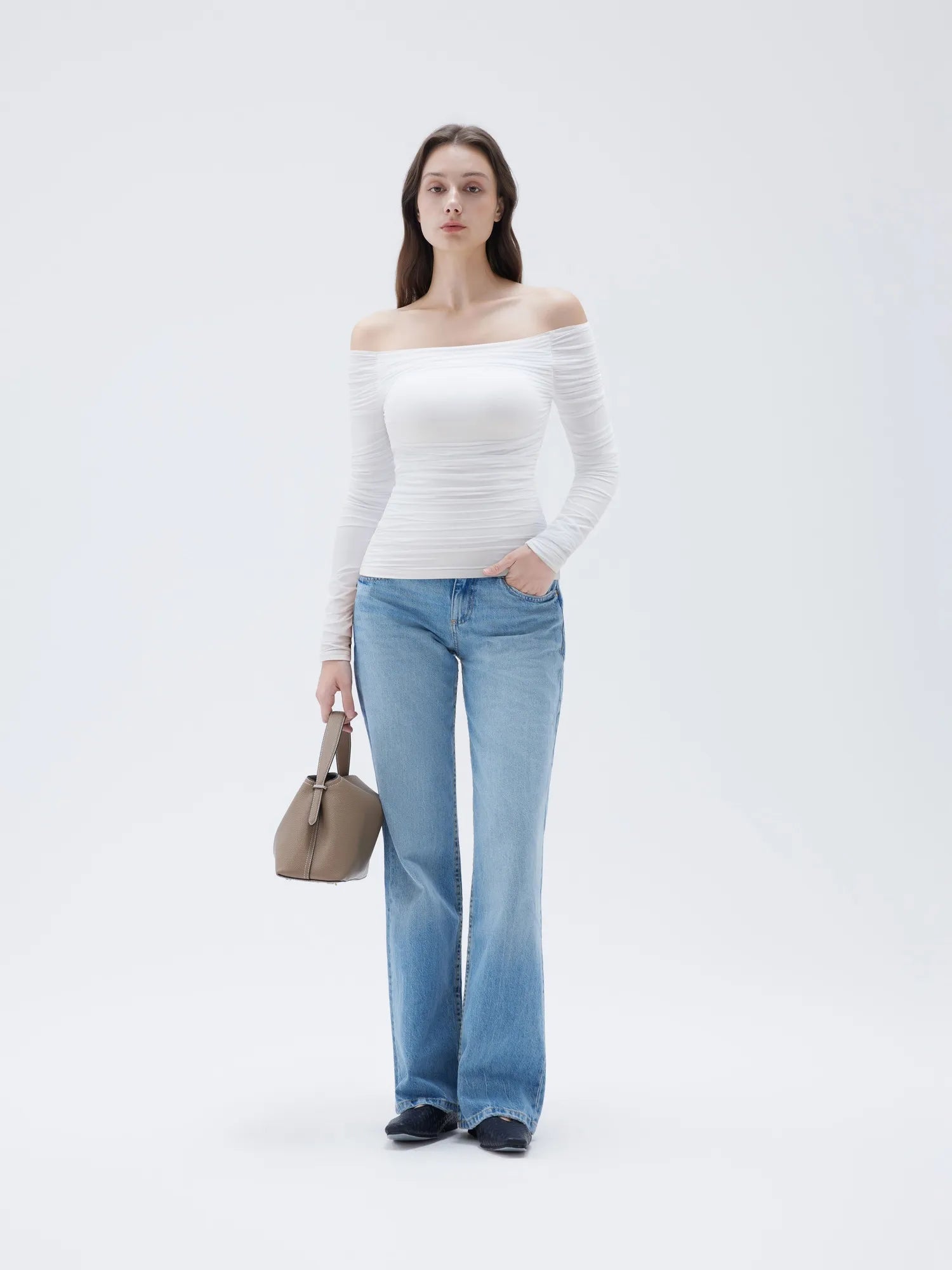 Mesh Padded Off Shoulder Shirt - Long Sleeve